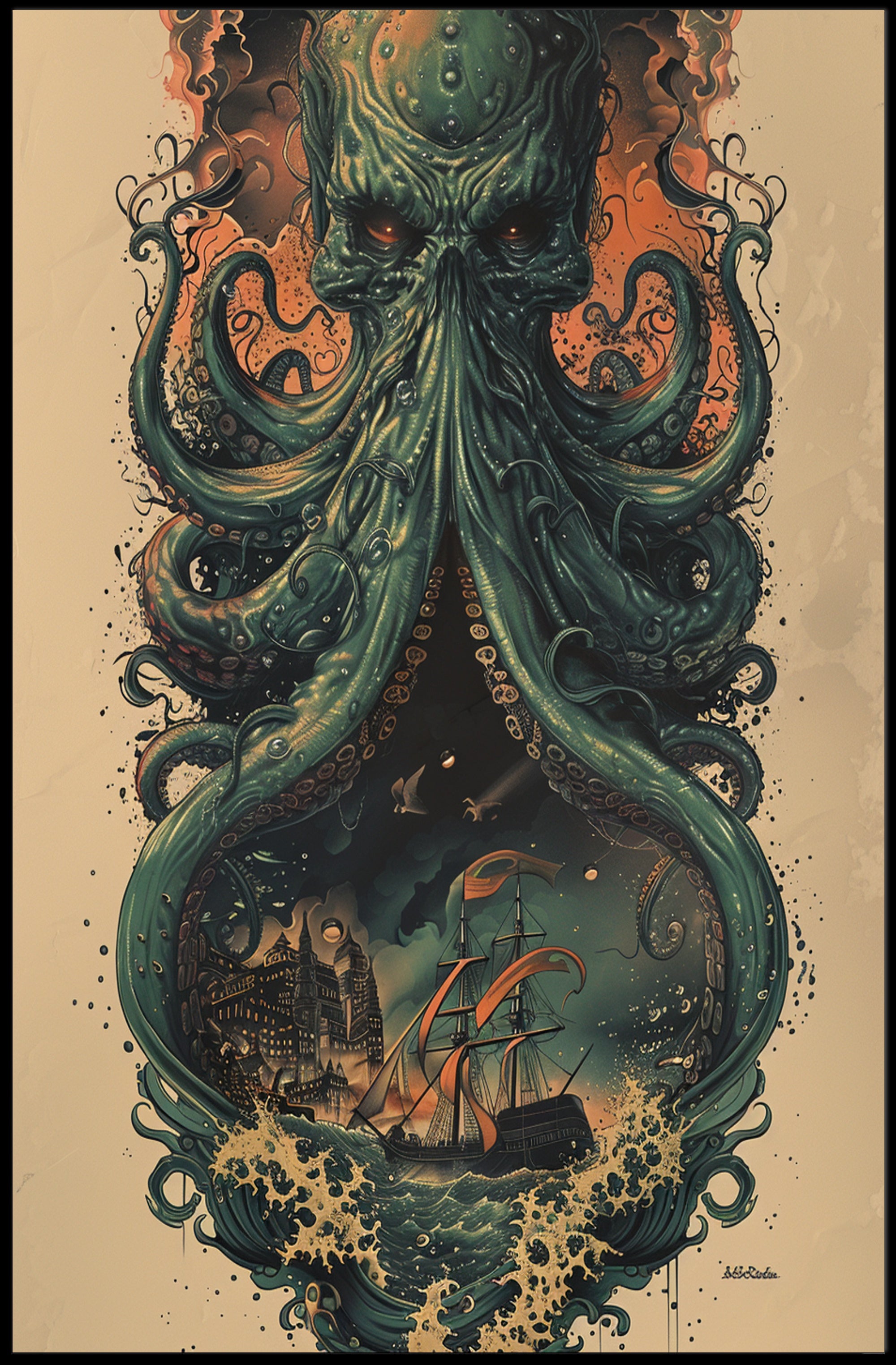 The Kraken Awakens Art Print Poster for Home Decor and Wanderlust Enthusiasts PosterGoat