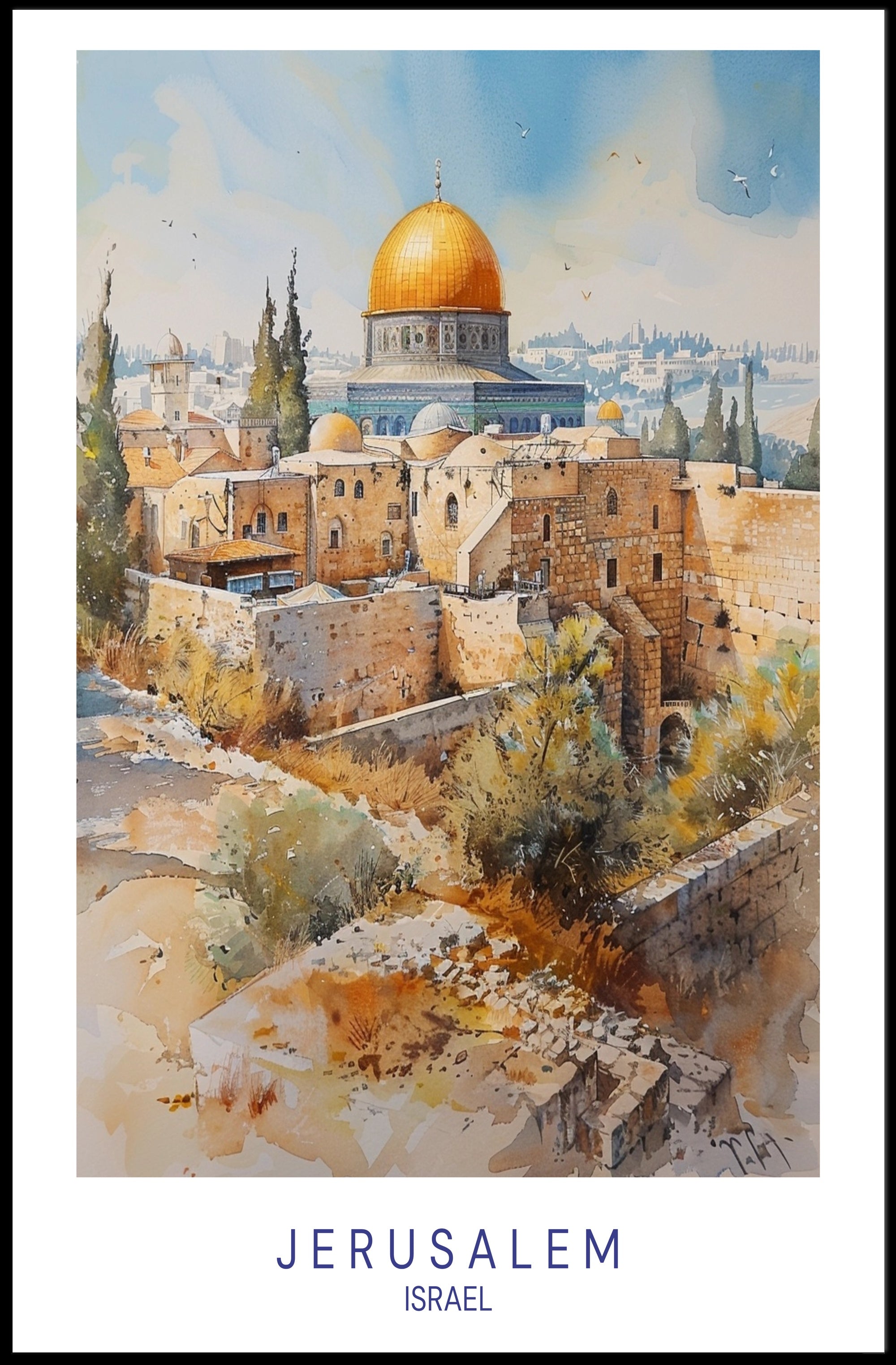 Jerusalem Architectural Watercolor Art Travel Poster PosterGoat