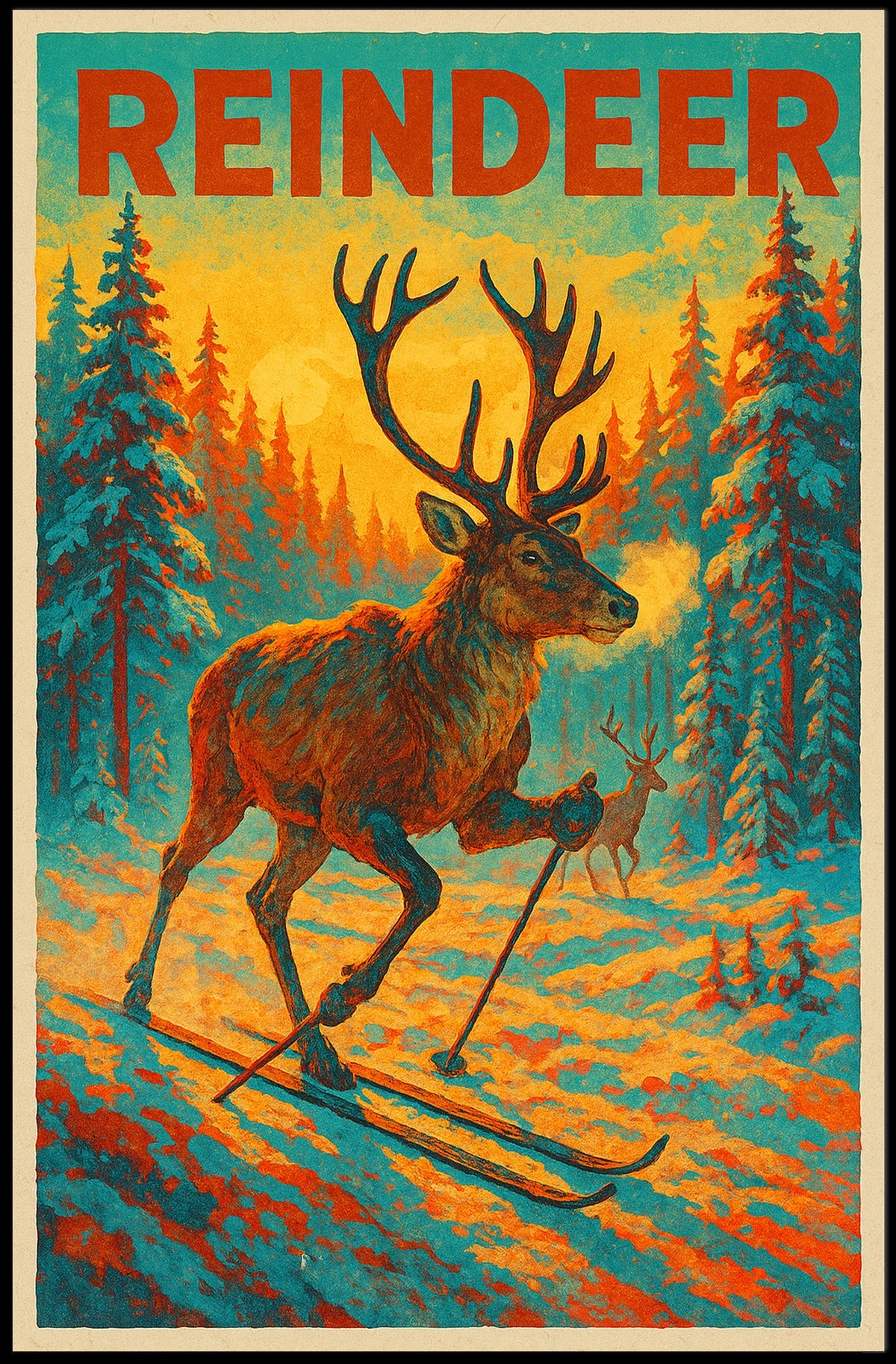 Reindeer Skiing Adventure Poster