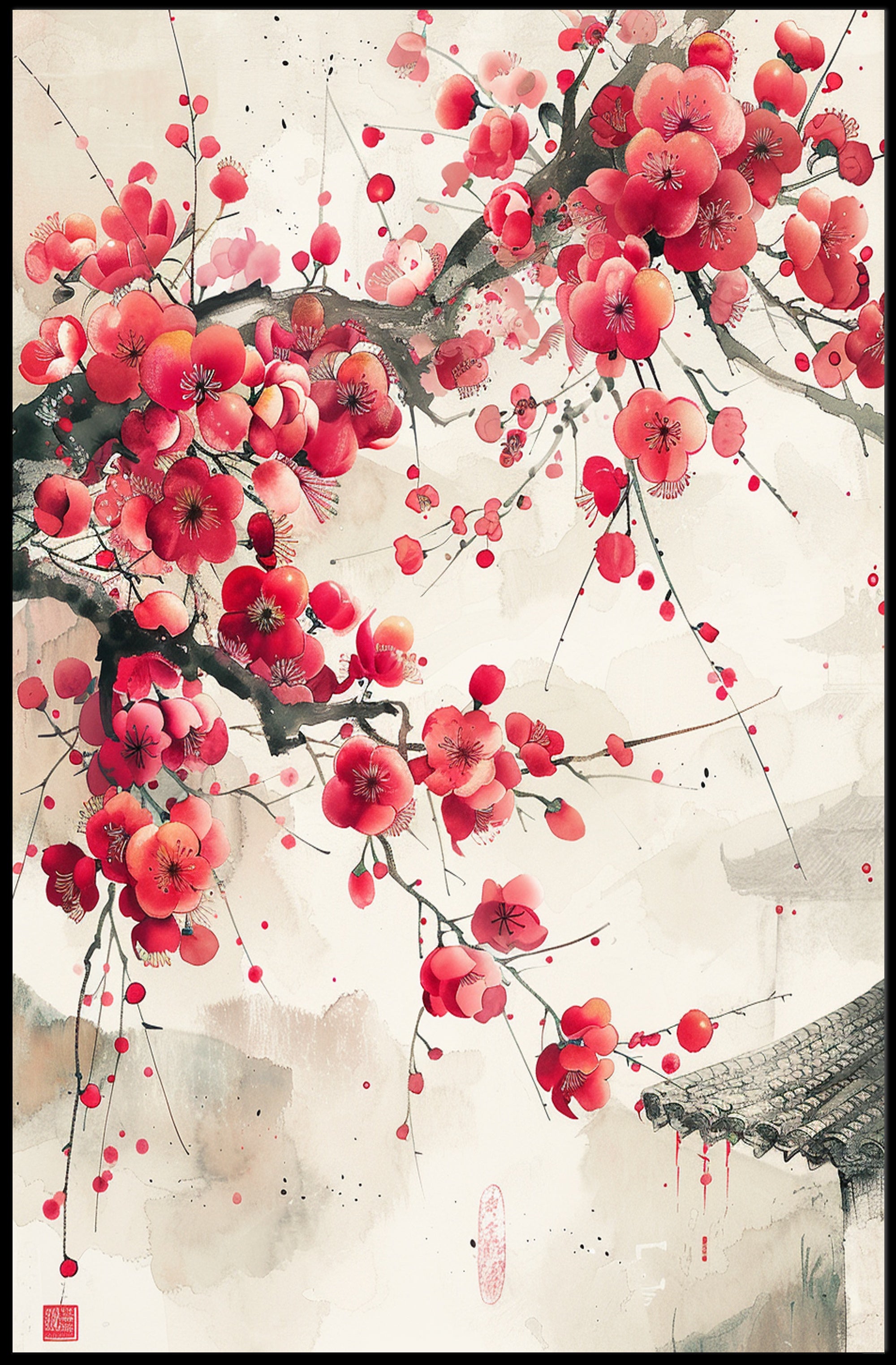 Cherry Blossoms Sumi-e Art: Cultural or Heritage Poster PosterGoat