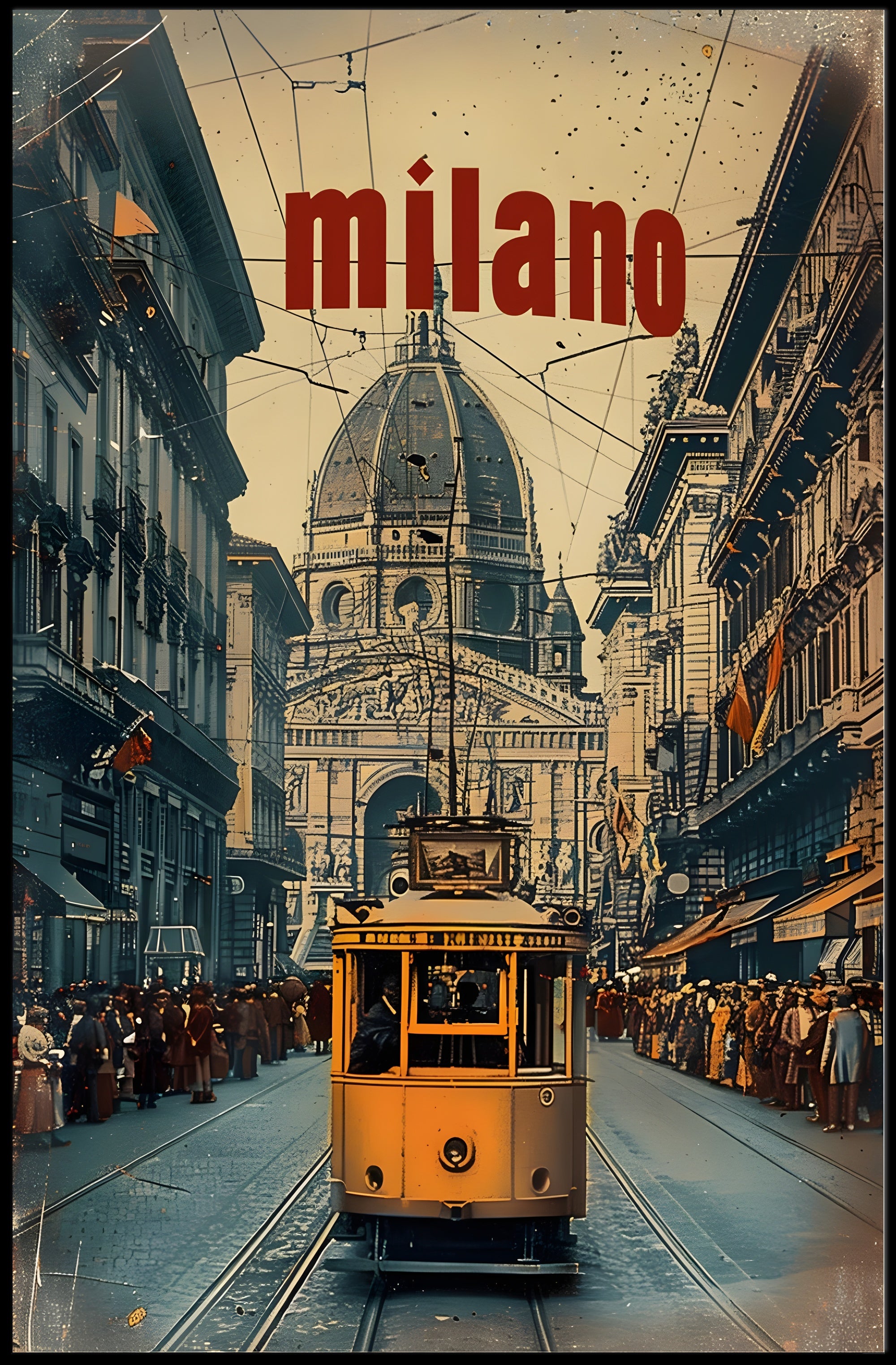 Vintage Tram Scene in Historic Milan Urban or Cityscape Poster