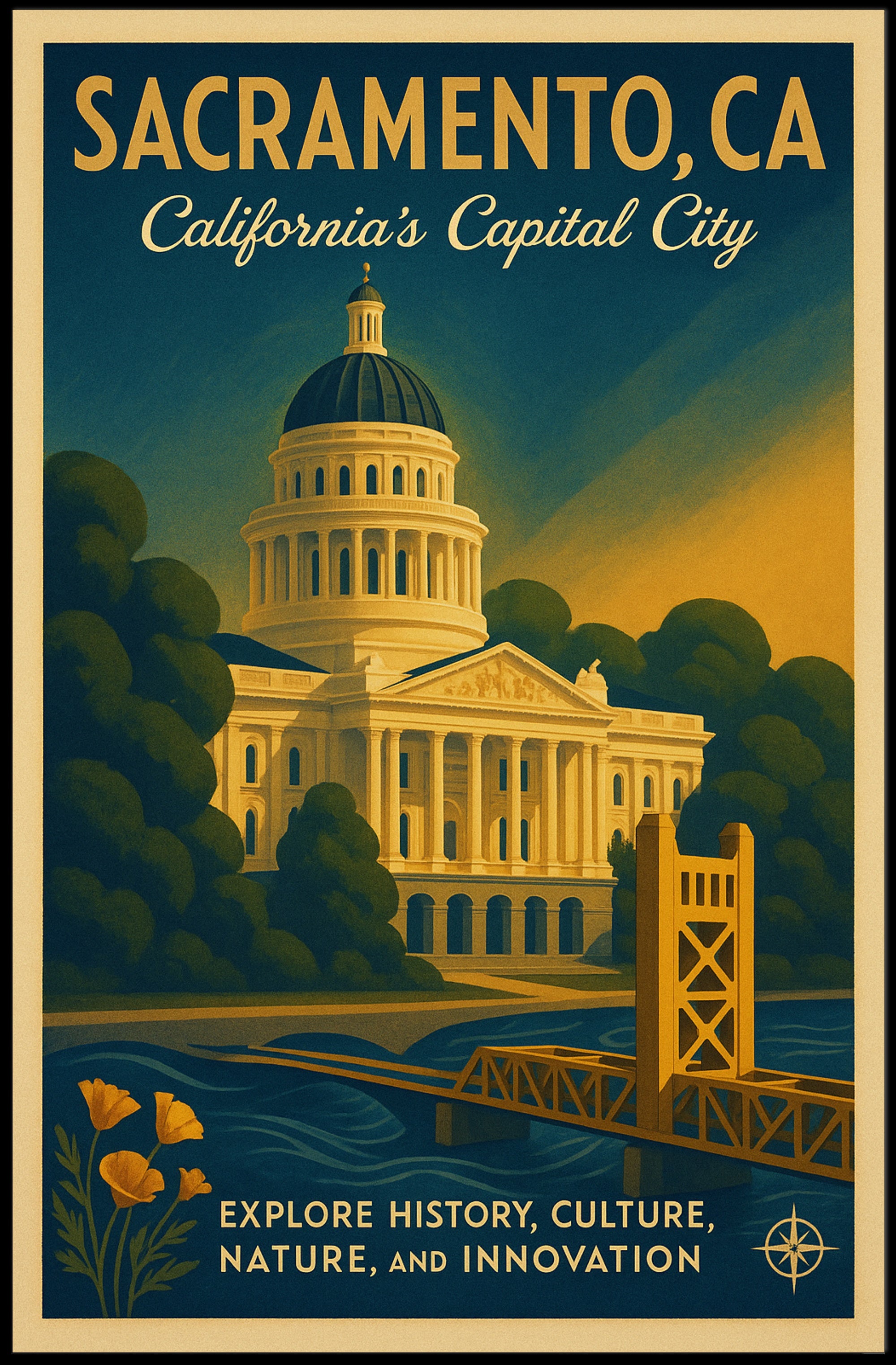 Sacramento Cityscape Vintage Travel Poster