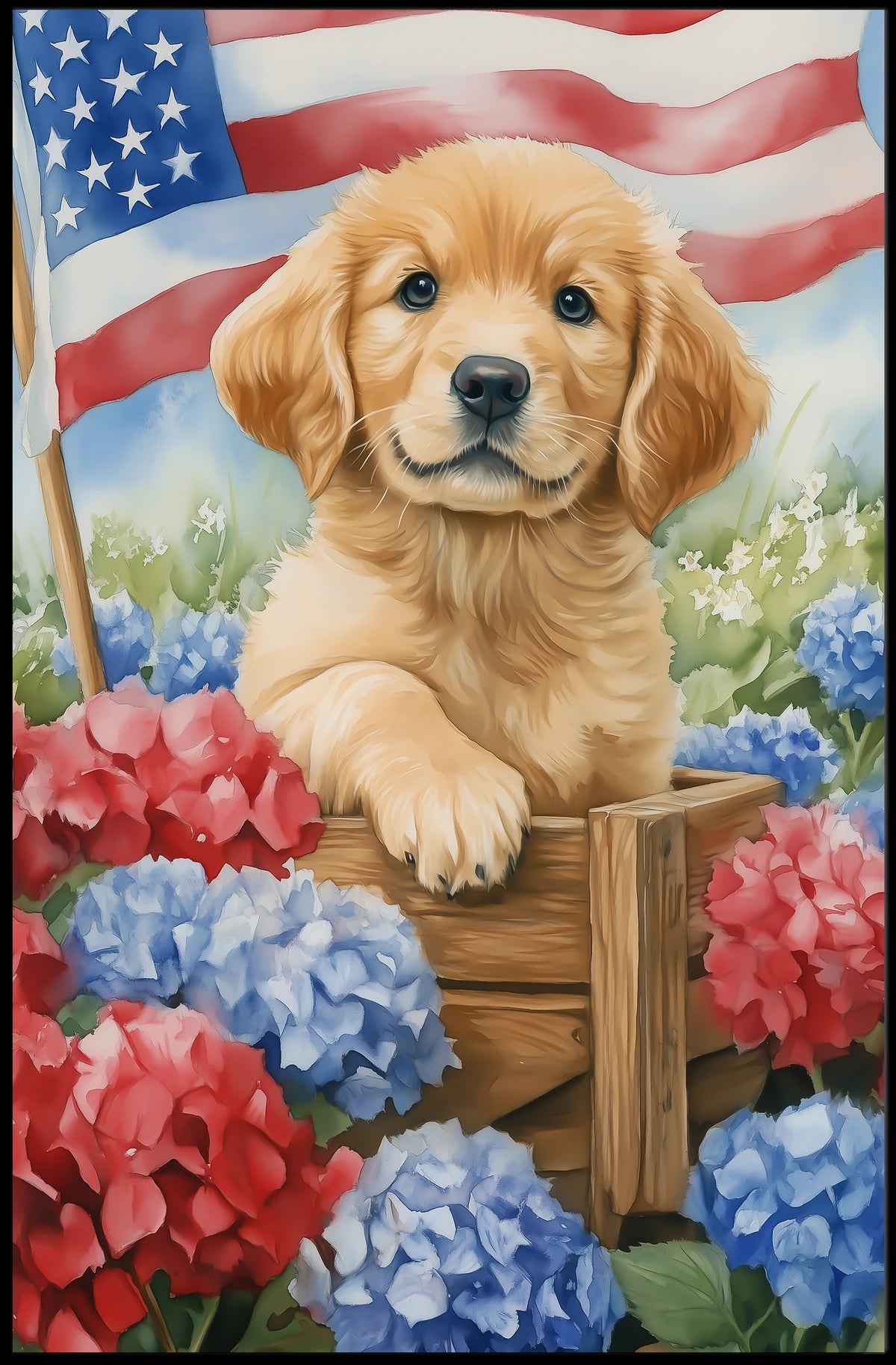 Beautiful Golden Retriever Puppy In A Wooden Wagon Poster