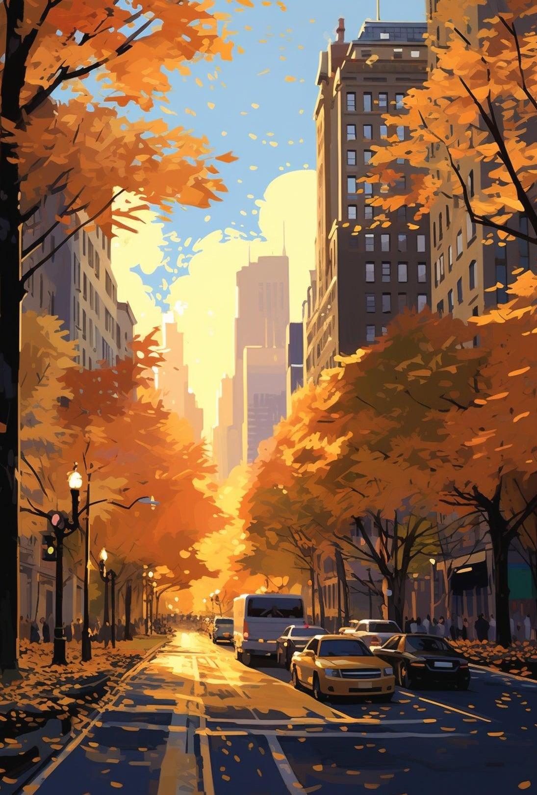 Urban Autumn Street Scene: Abstract, Artistic, or Pop Culture Poster