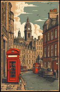 Vintage Cityscape with Red Telephone Booth Poster