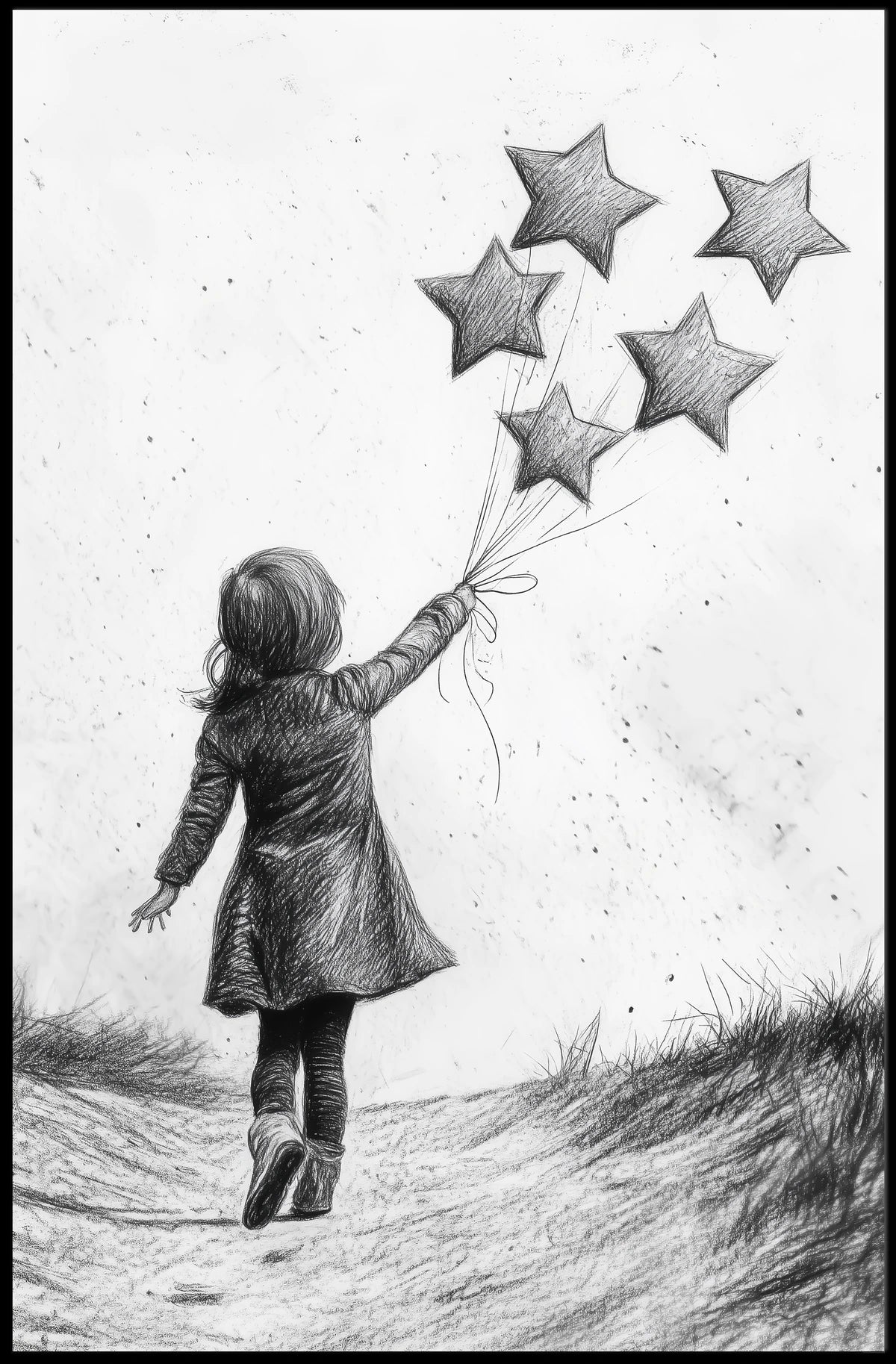 Child Releasing Star Balloons Black And White Sketch Poster