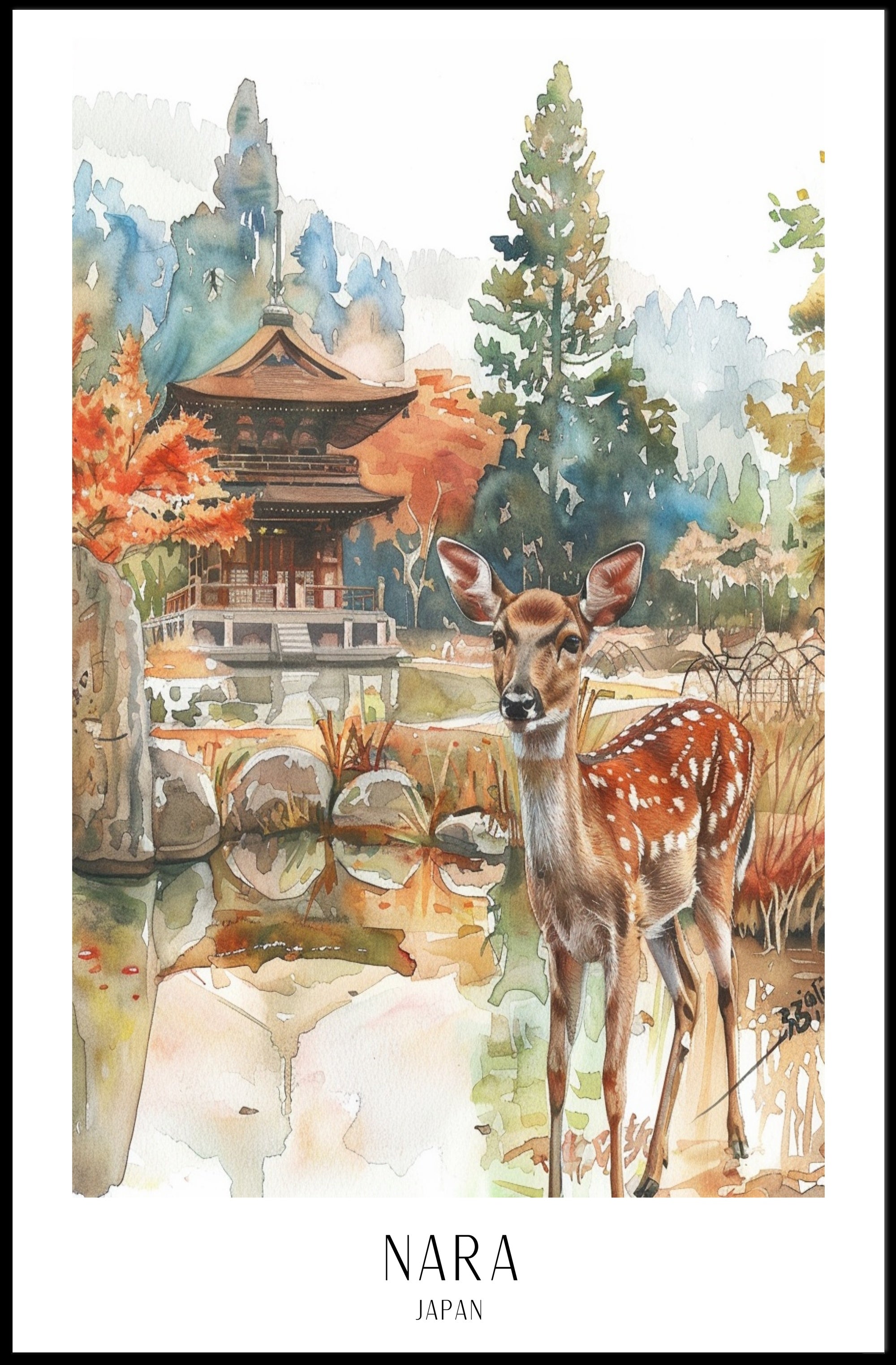 Nara Deer Pagoda Watercolor Cultural or Heritage Poster PosterGoat