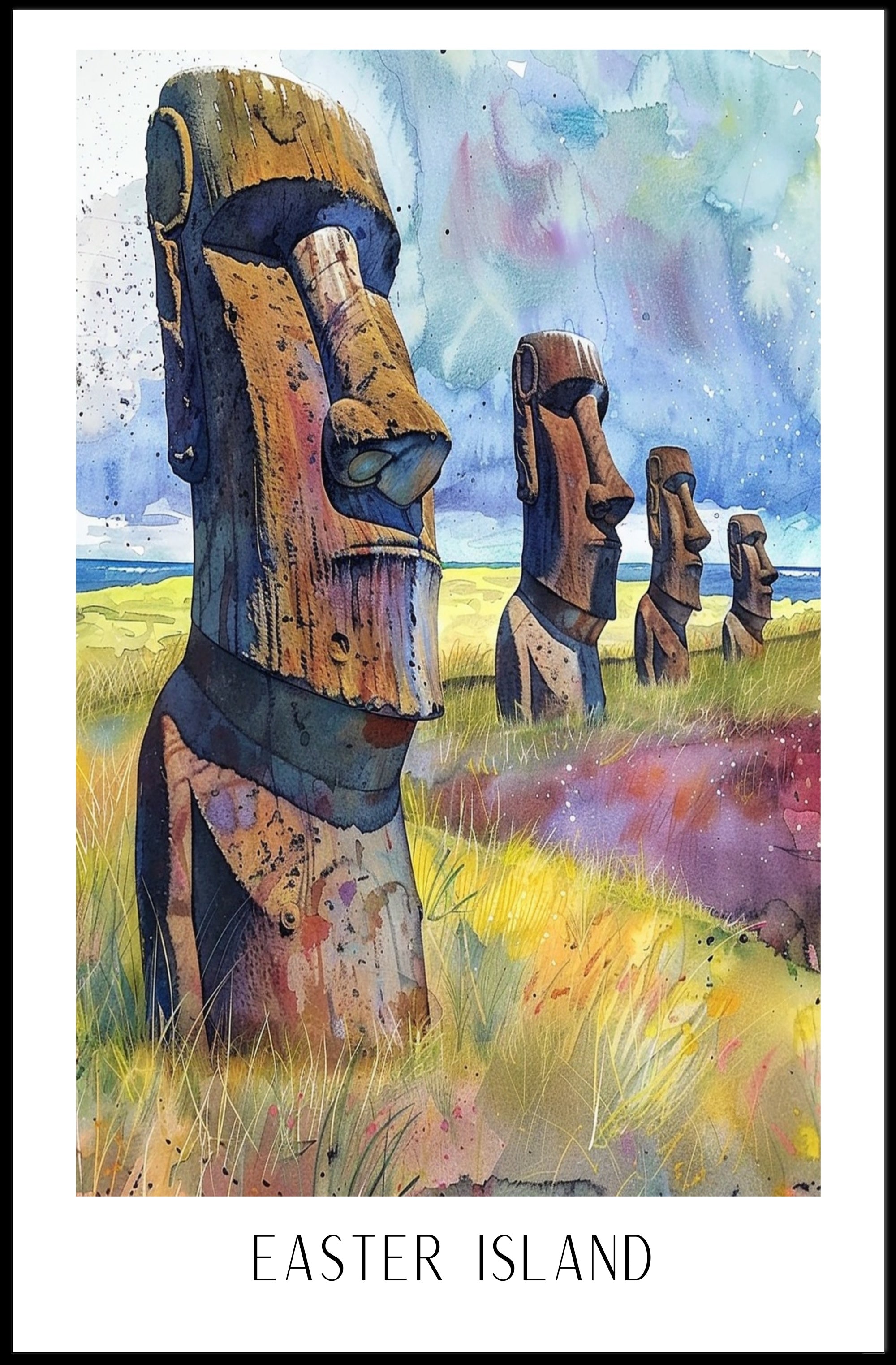 Easter Island Moai Statues Watercolor Heritage Poster PosterGoat