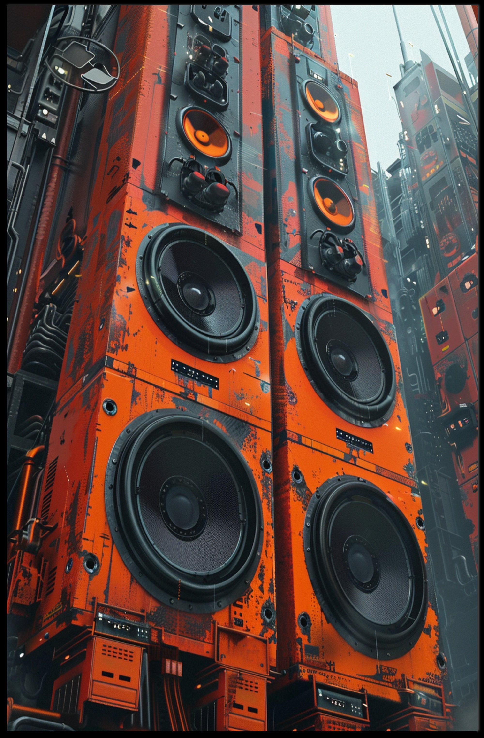 Futuristic Cyberpunk Speaker Towers Art Poster PosterGoat