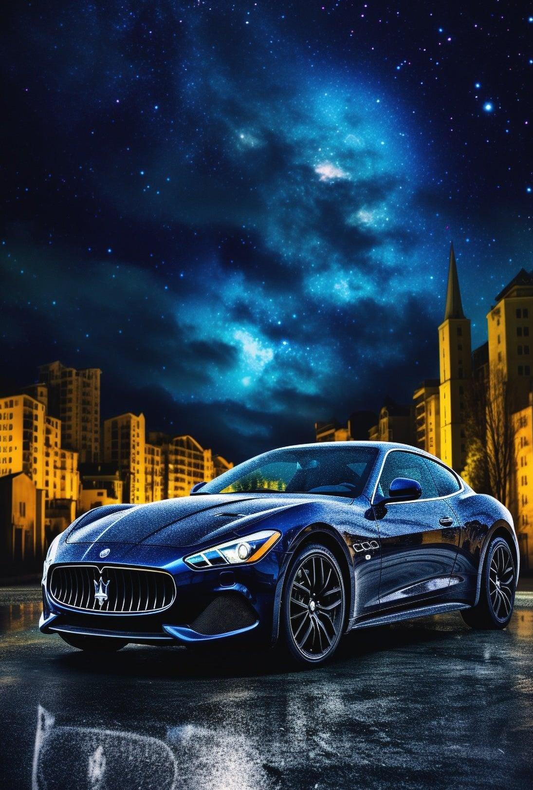 Sleek Modern Sports Car in Urban Night Futuristic Sci-Fi Poster