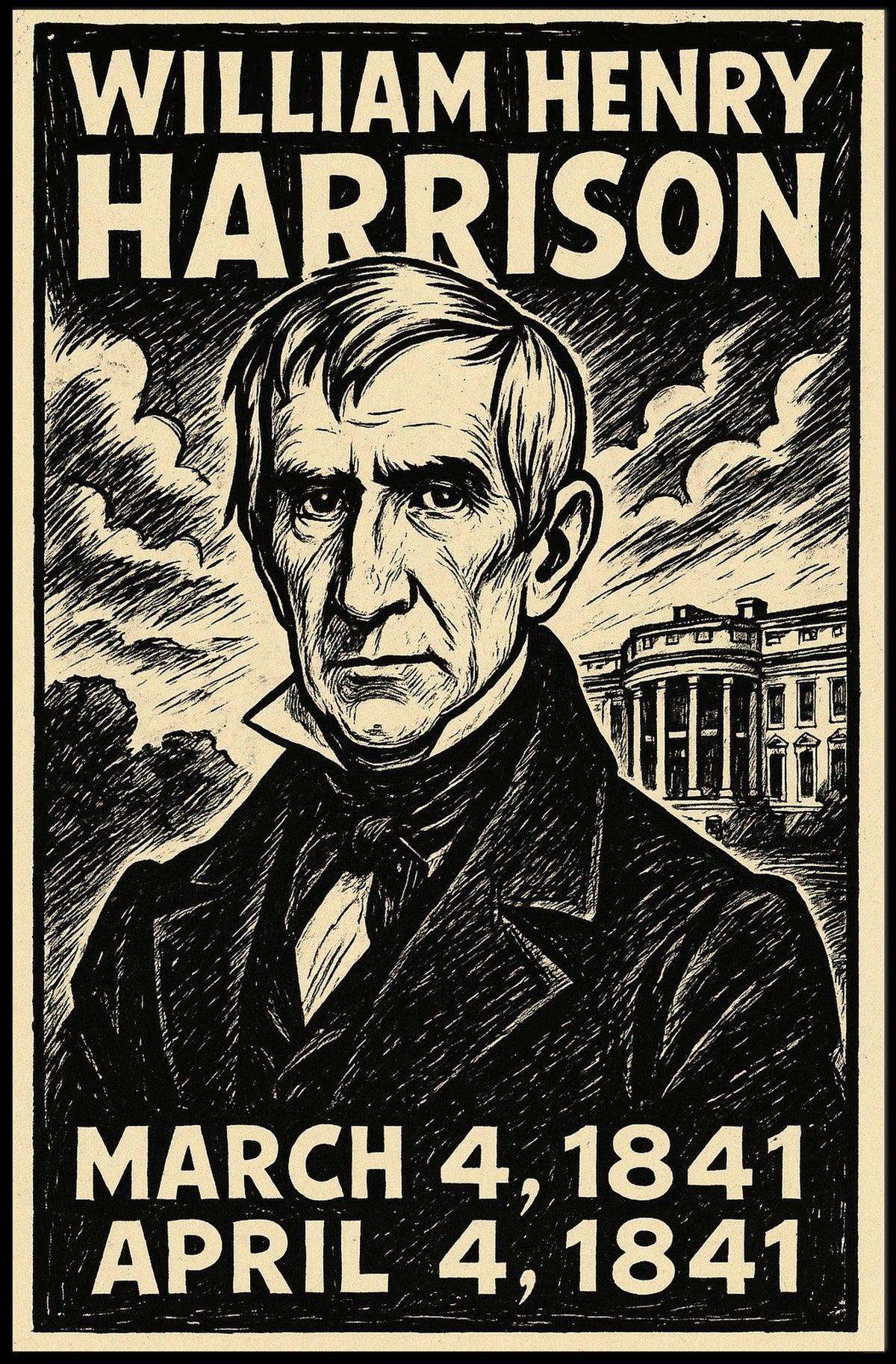 William Henry Harrison 9th President of the United States B & W Comic Sketch Poster