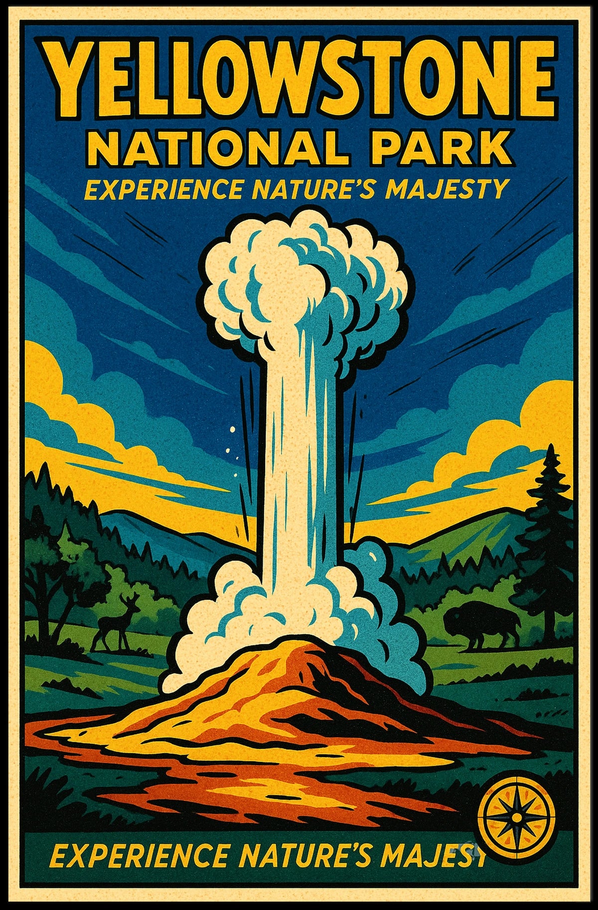 Yellowstone National Park Vintage Illustration Geyser Poster