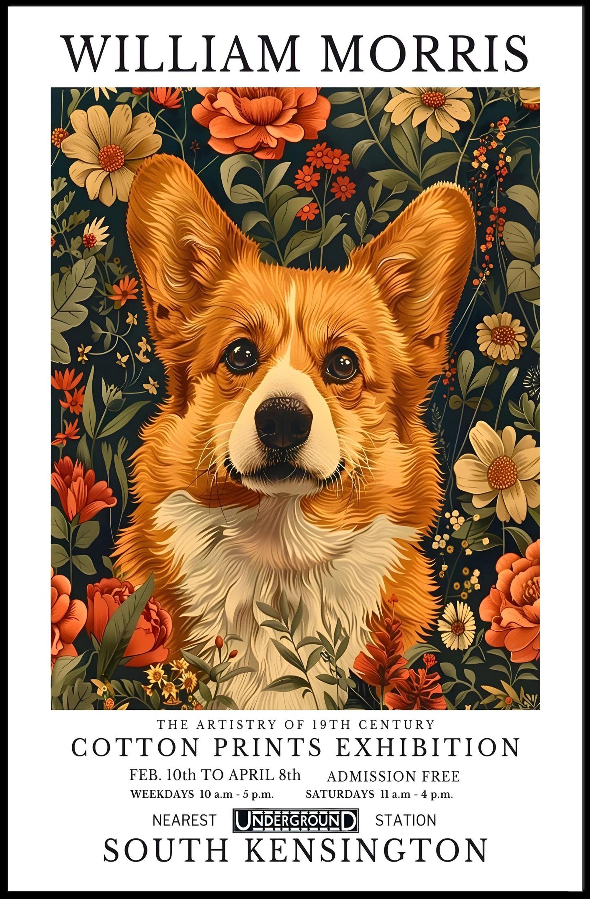 Corgi Art with Floral Elegance: Artistic Poster