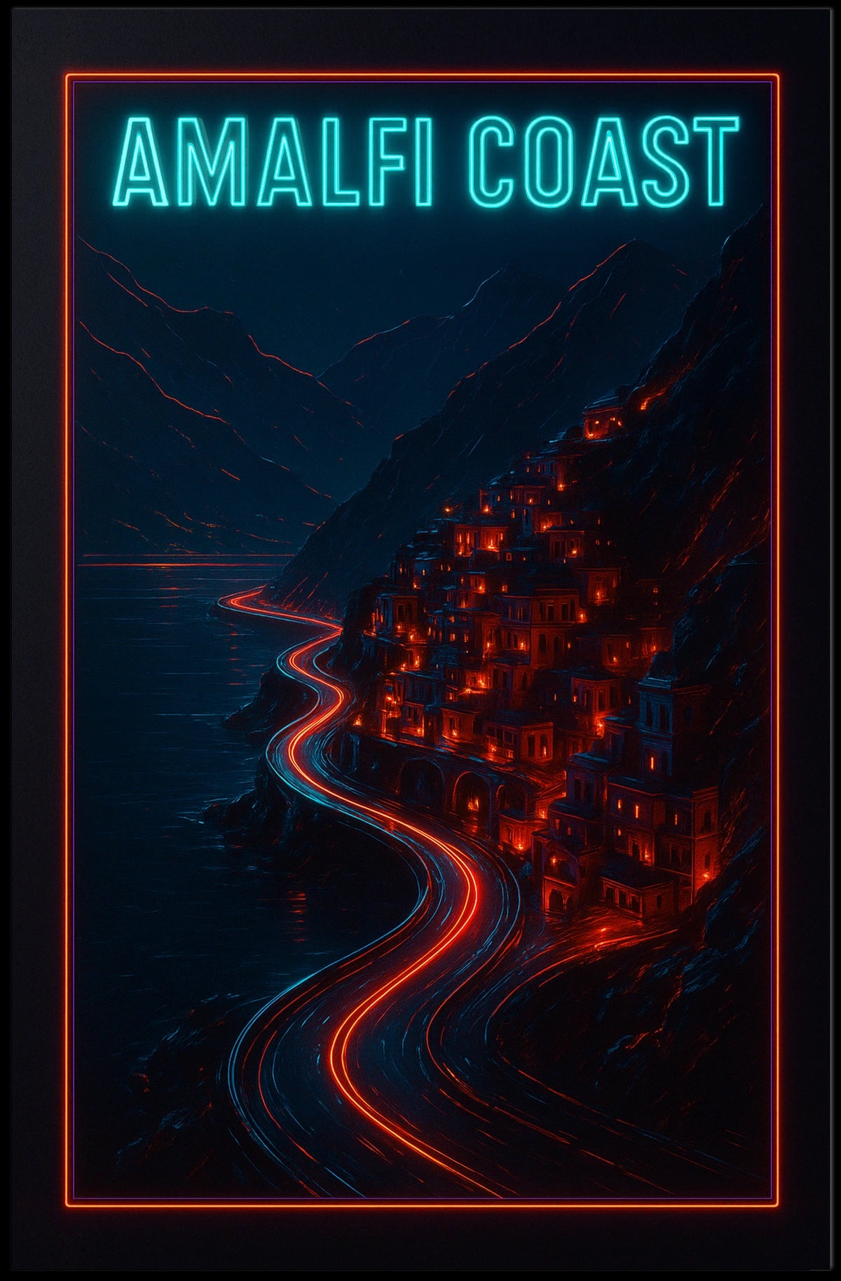 Amalfi Coast Neon Nightscape Poster