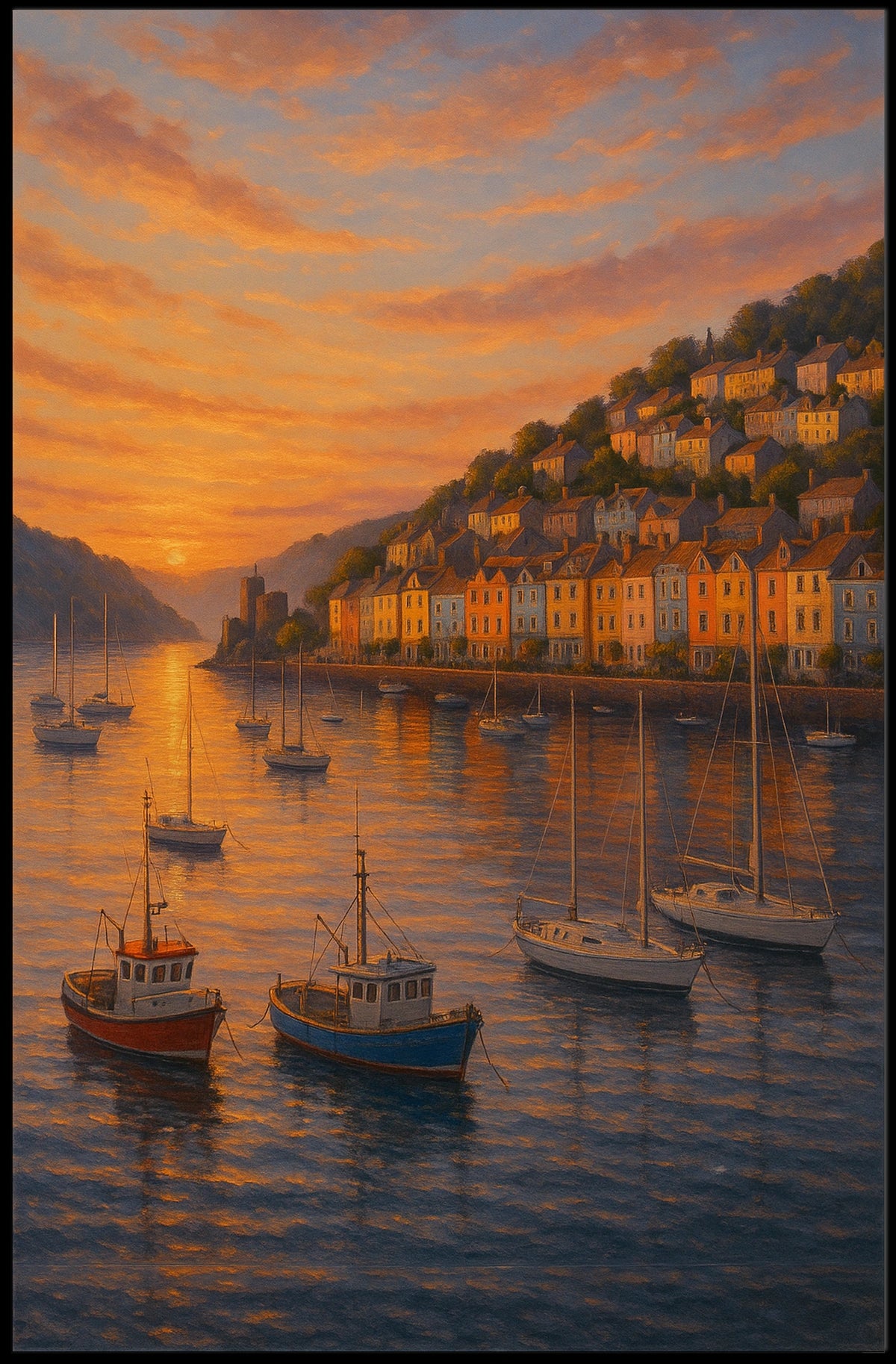 Dartmouth Harbour Sunset Pastel Rowhouses Travel Poster