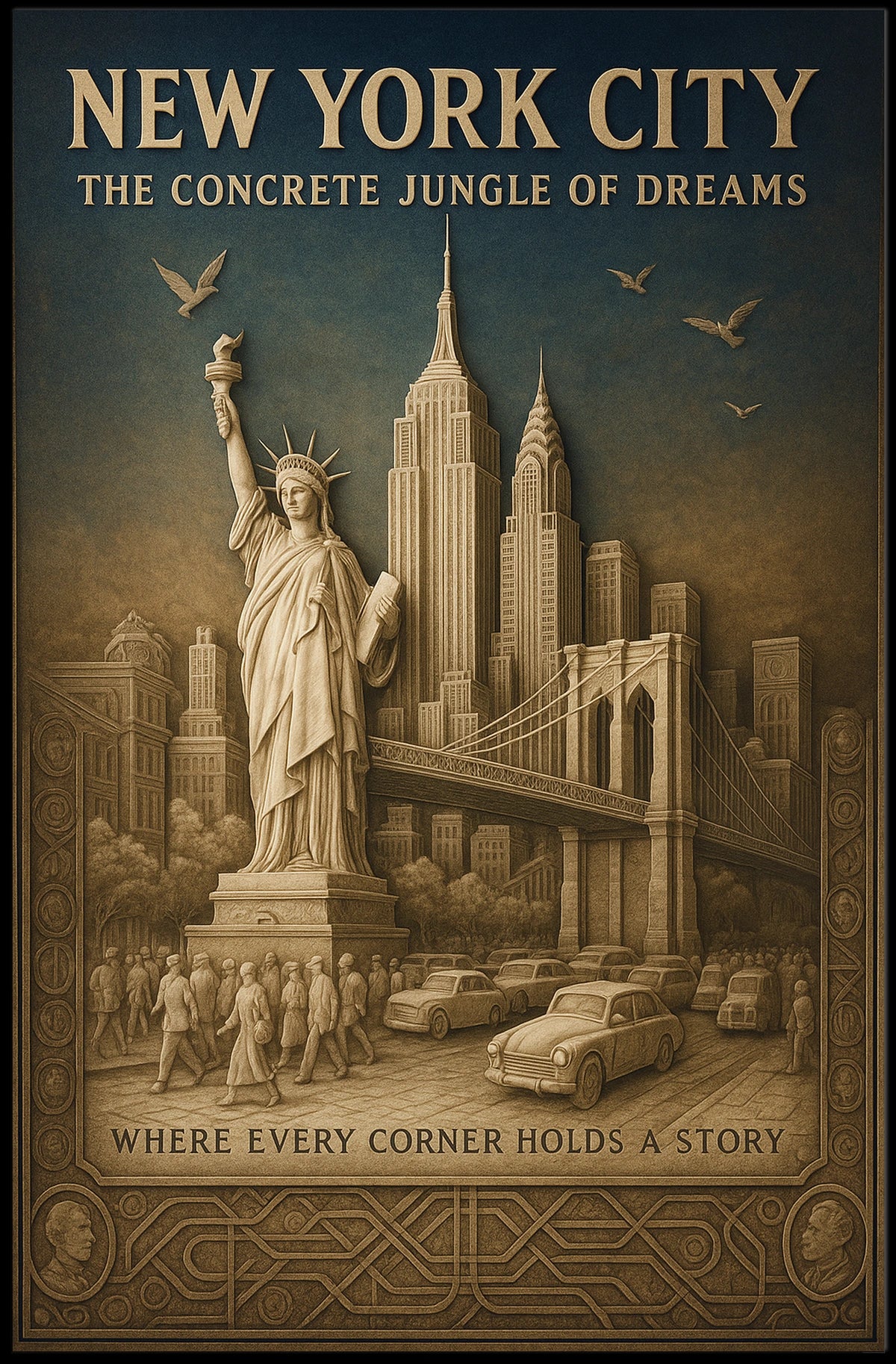 New York City Landmarks Cityscape Poster Vintage Wall Art
