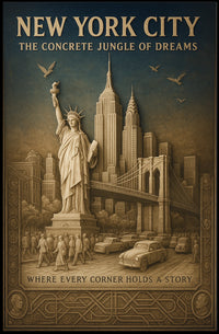 New York City Landmarks Cityscape Poster Vintage Wall Art