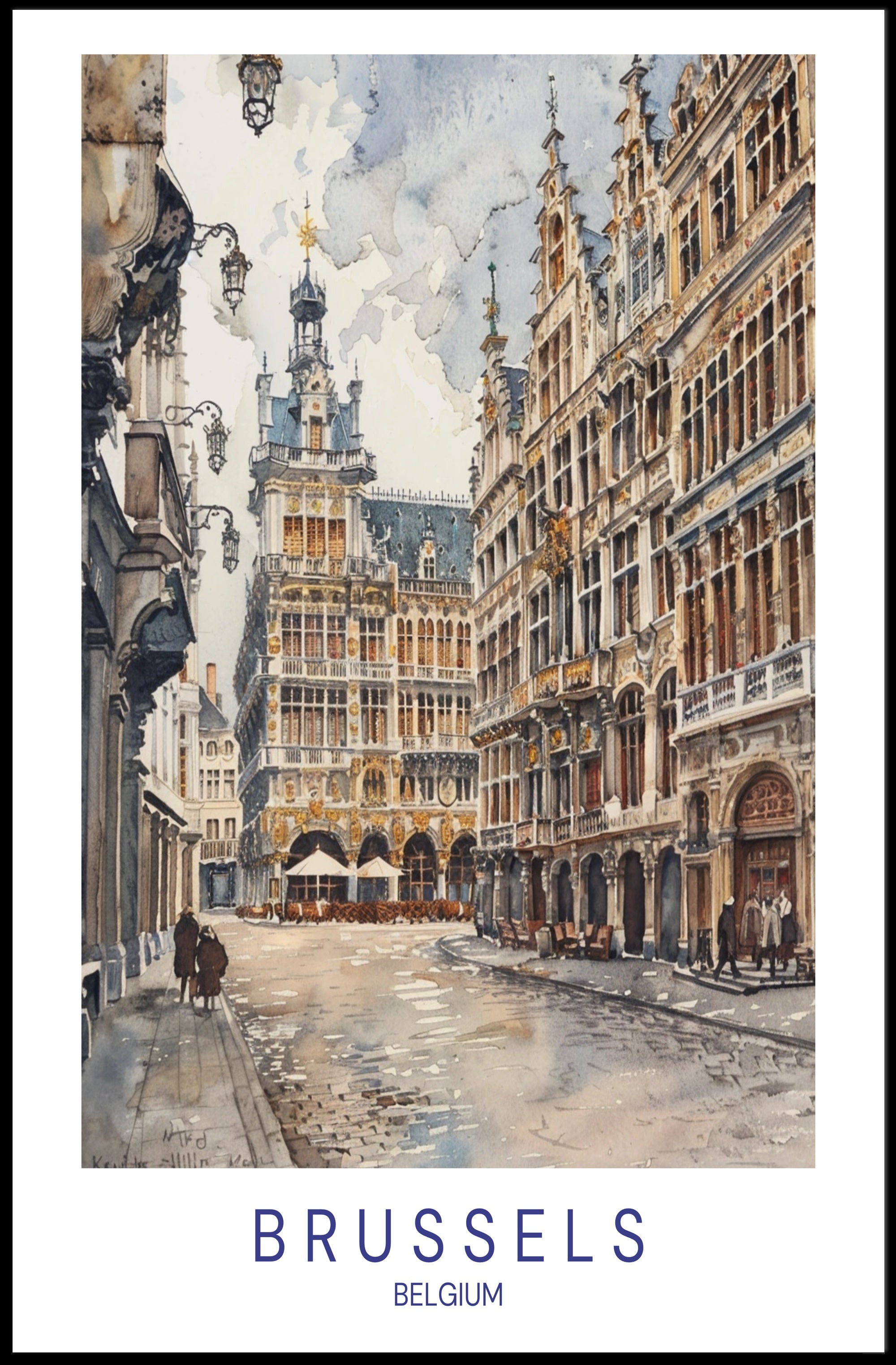 Charming Brussels Street Scene, Watercolor Urban or Cityscape Poster PosterGoat