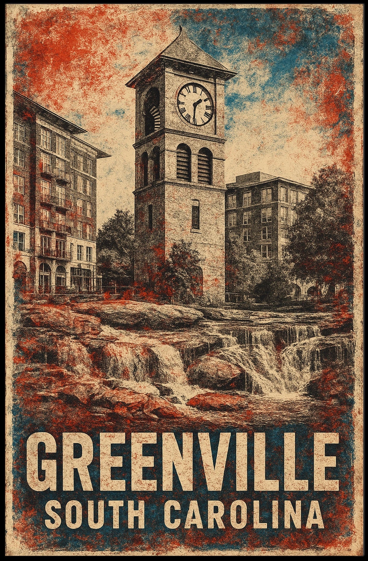 Greenville Clock Tower Vintage Heritage Cityscape Poster