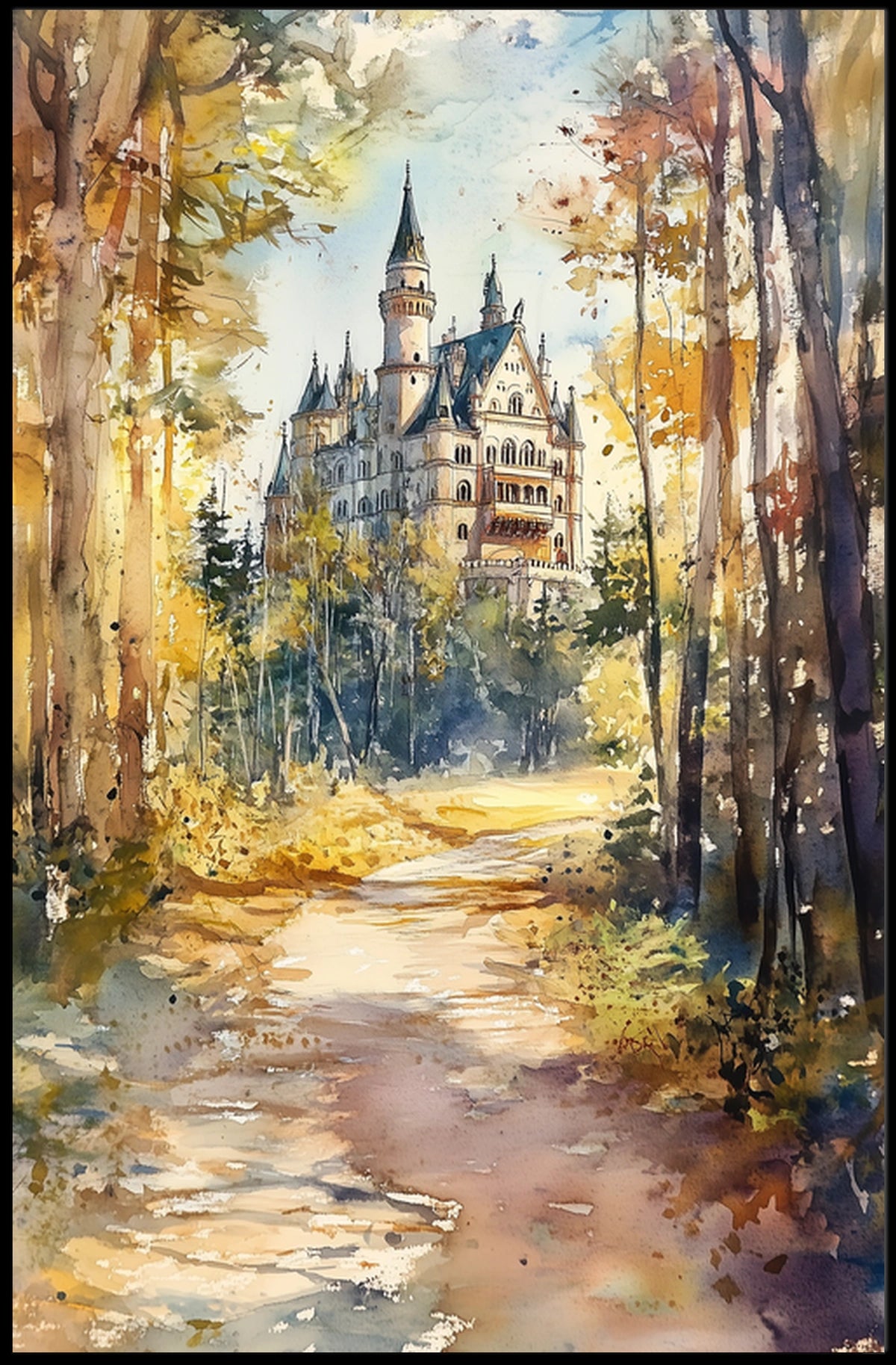Germany Neuschwanstein Castle View from Forest Path Poster