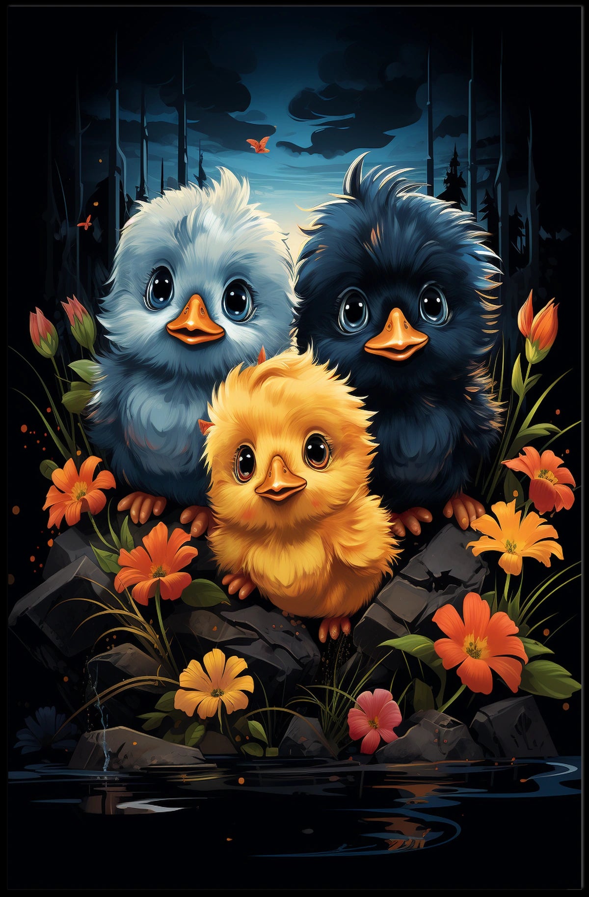 Enchanting Chicks in Mystical Forest Art Poster