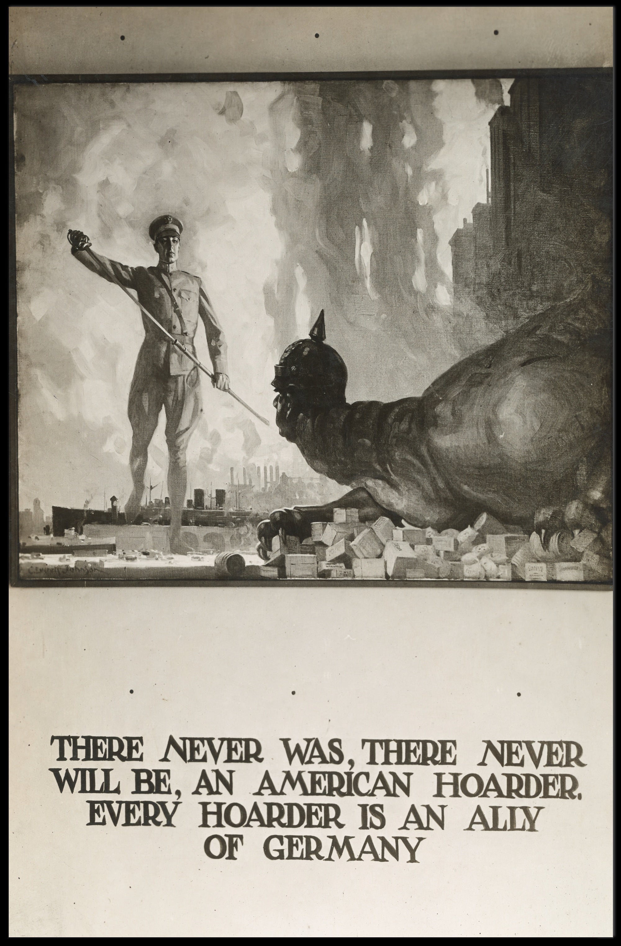 Patriotic Soldier Confronts Enemy in Propaganda Poster PosterGoat