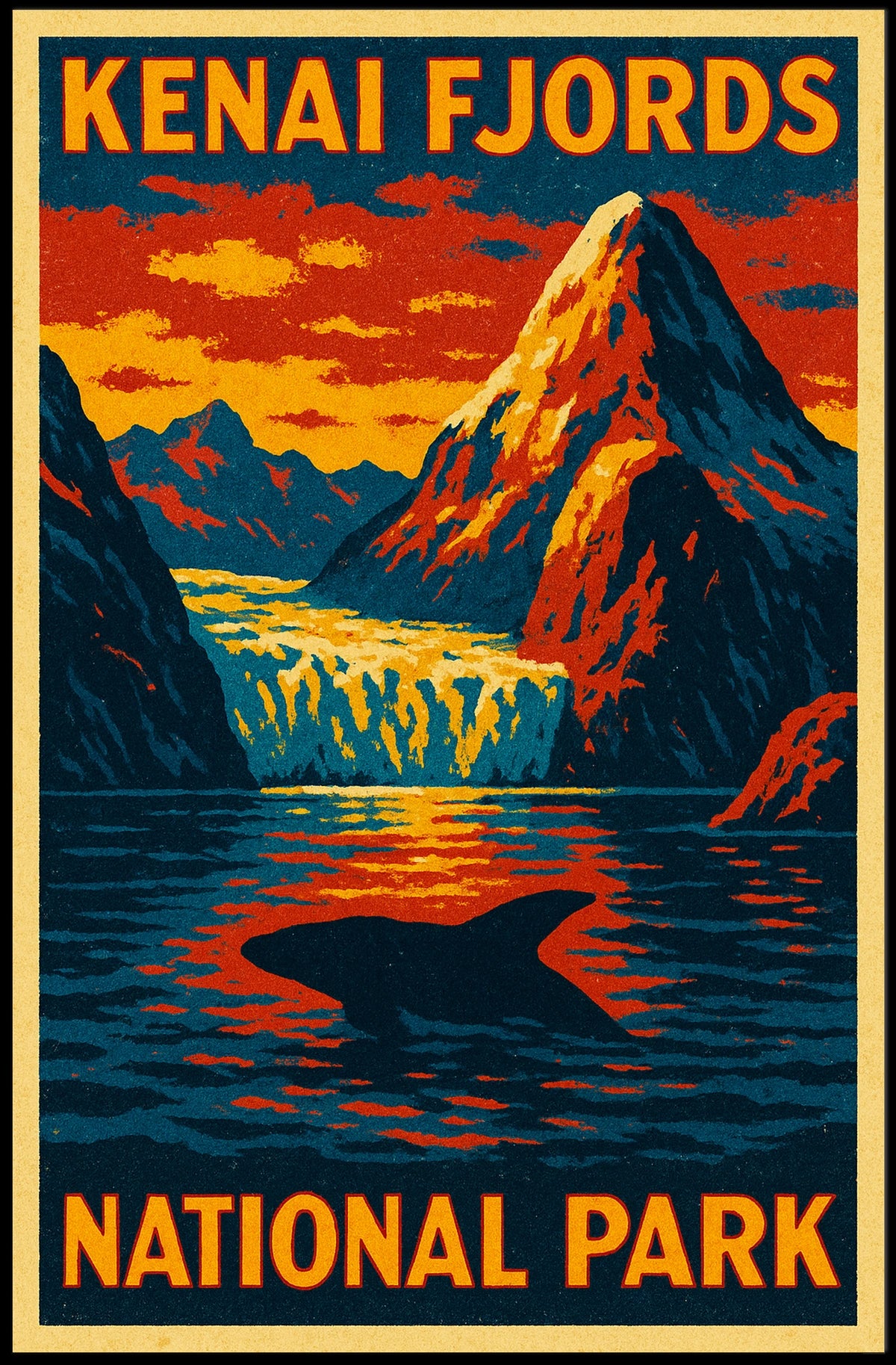 Kenai Fjords National Park Vintage Travel Dramatic Glacier Landscape Alaska Whale Tail Adventure Poster