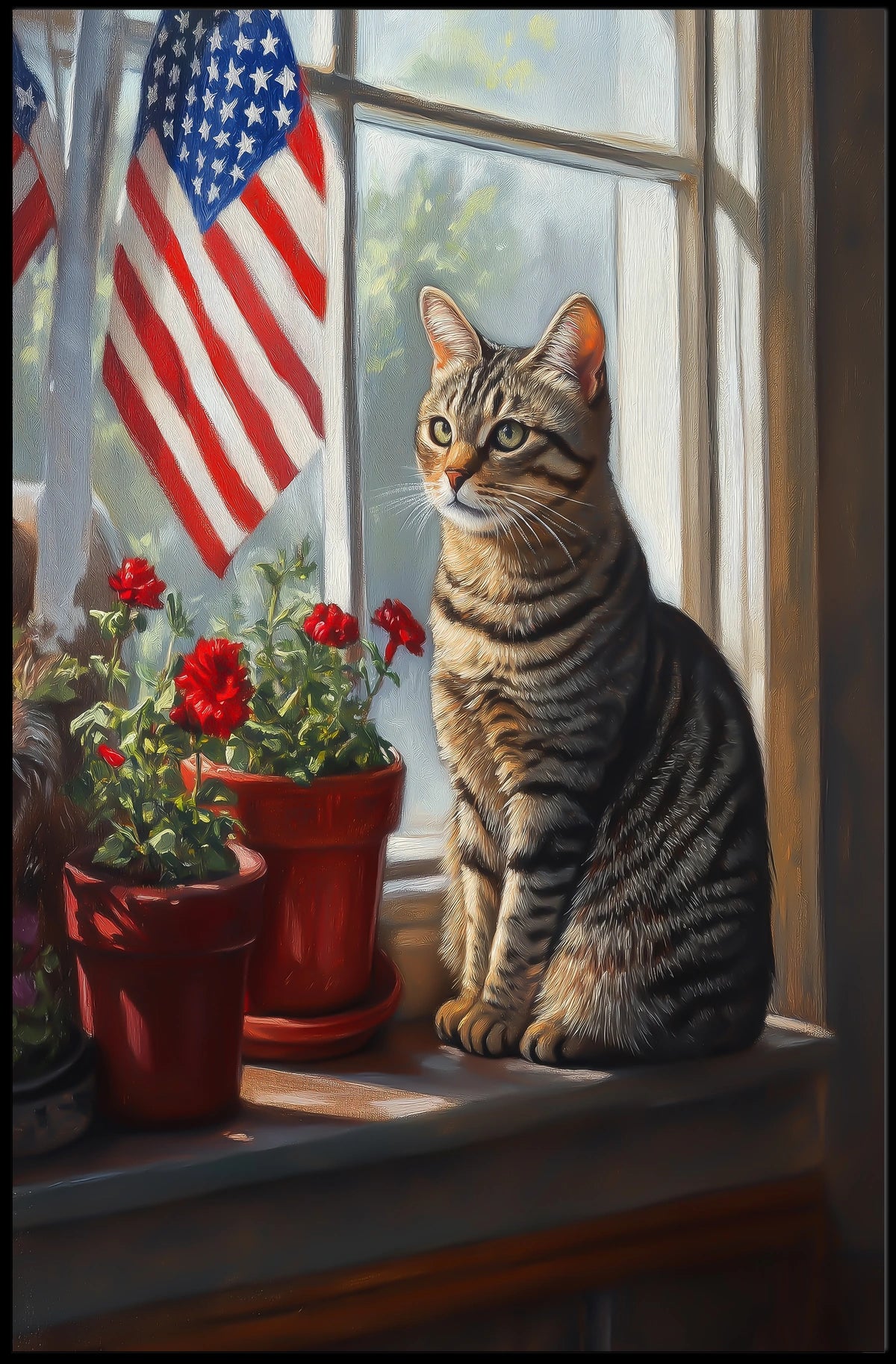 tabby cat sitting in a windowsill Poster