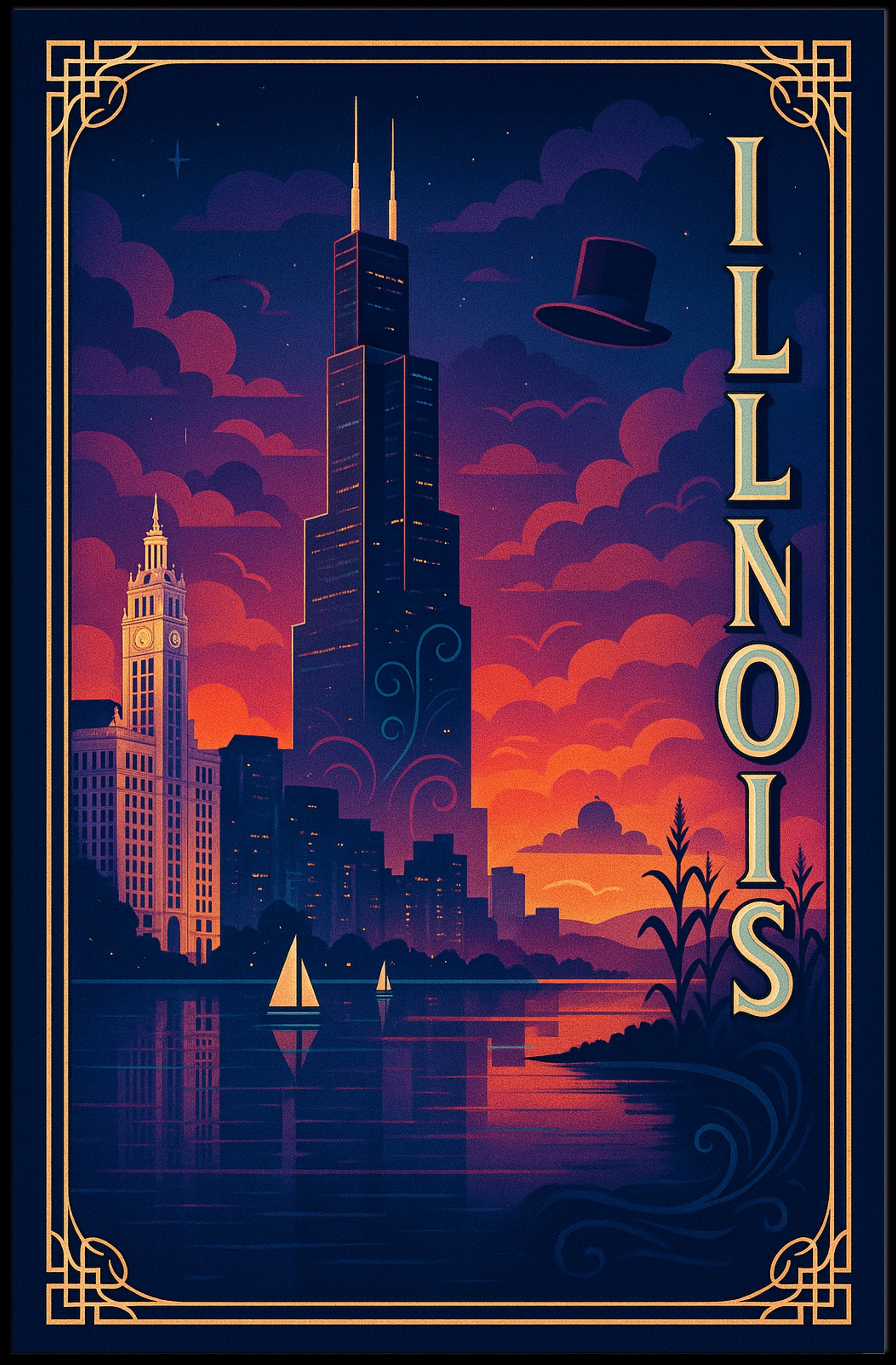 Illinois Skyline at Sunset: Captivating Travel Poster
