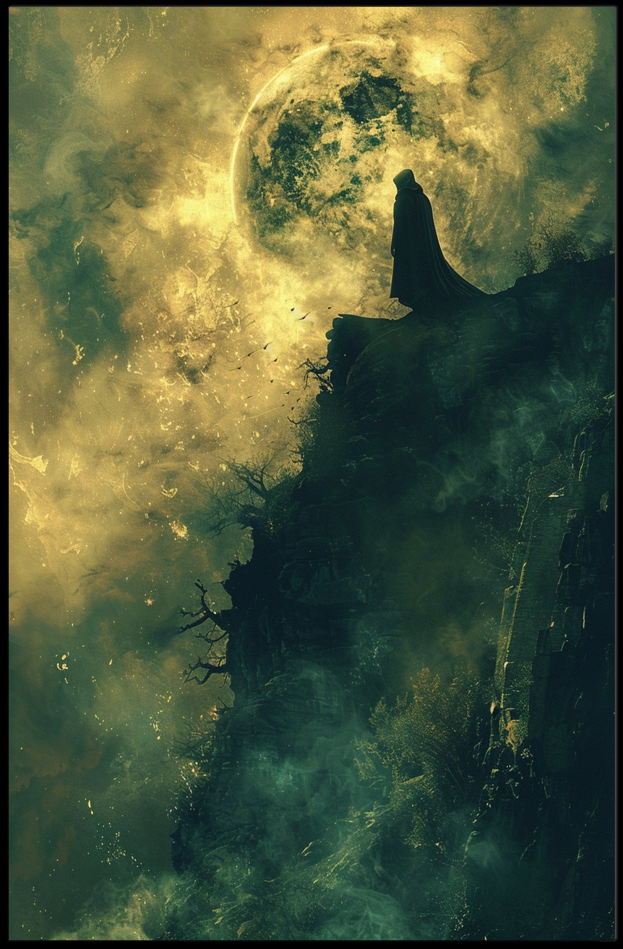 Mysterious Cloaked Figure Under Glowing Moon Fantasy Poster