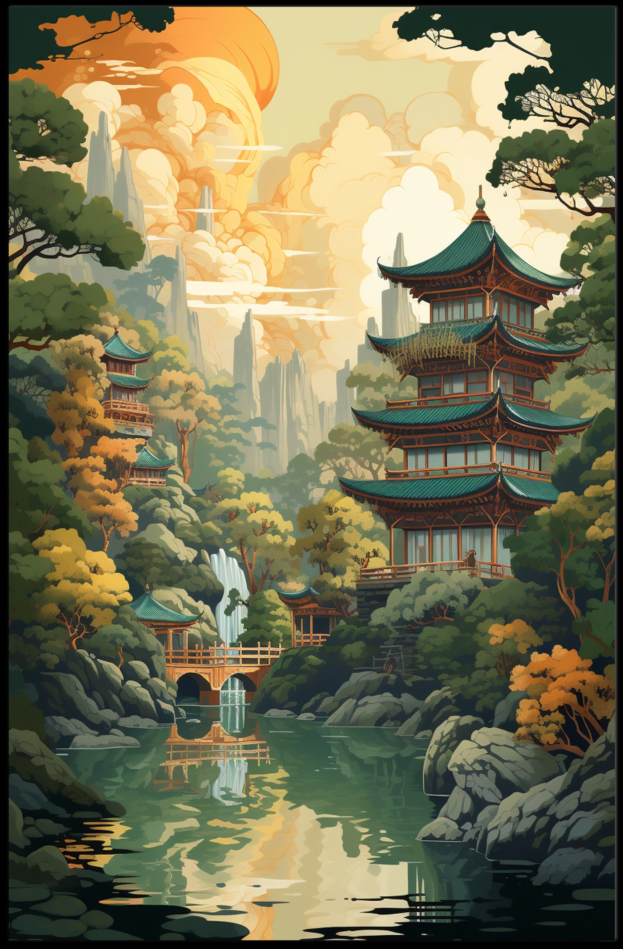 Tranquil Pagoda Landscape Poster