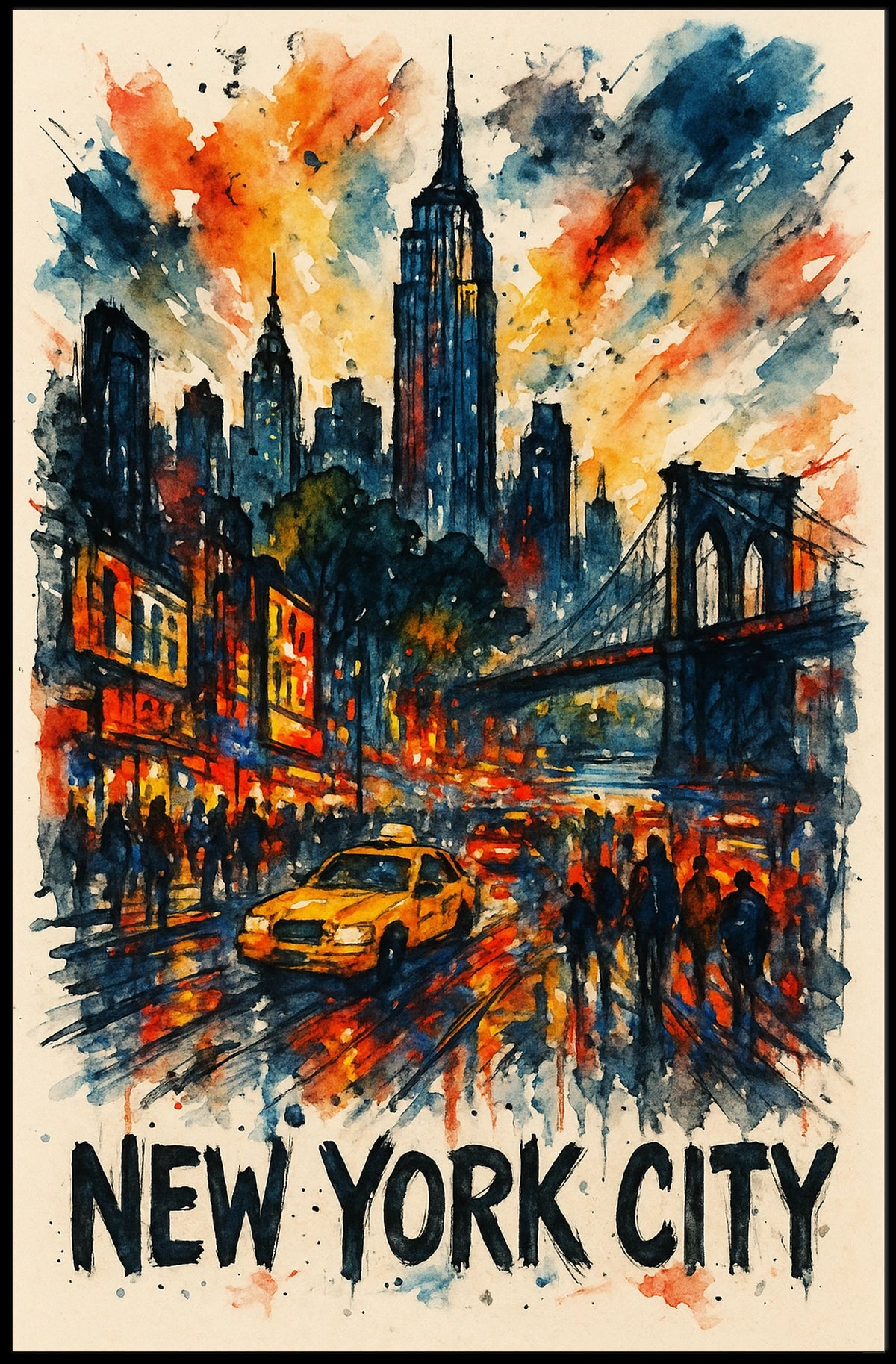 New York City Watercolor Cityscape Poster Abstract Wall Art