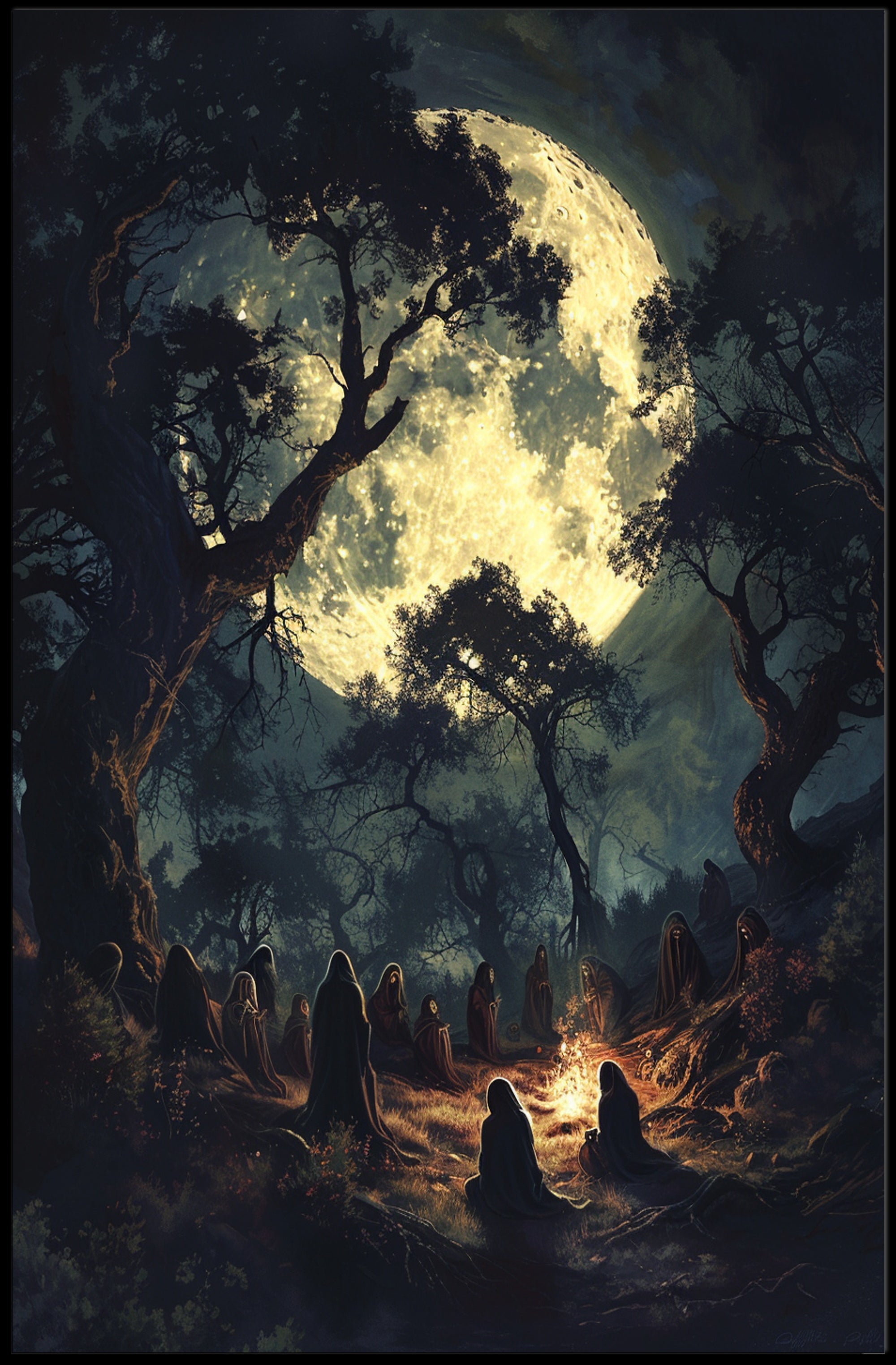 Moonlit Forest Gathering: Mystical Art Fantasy Poster PosterGoat