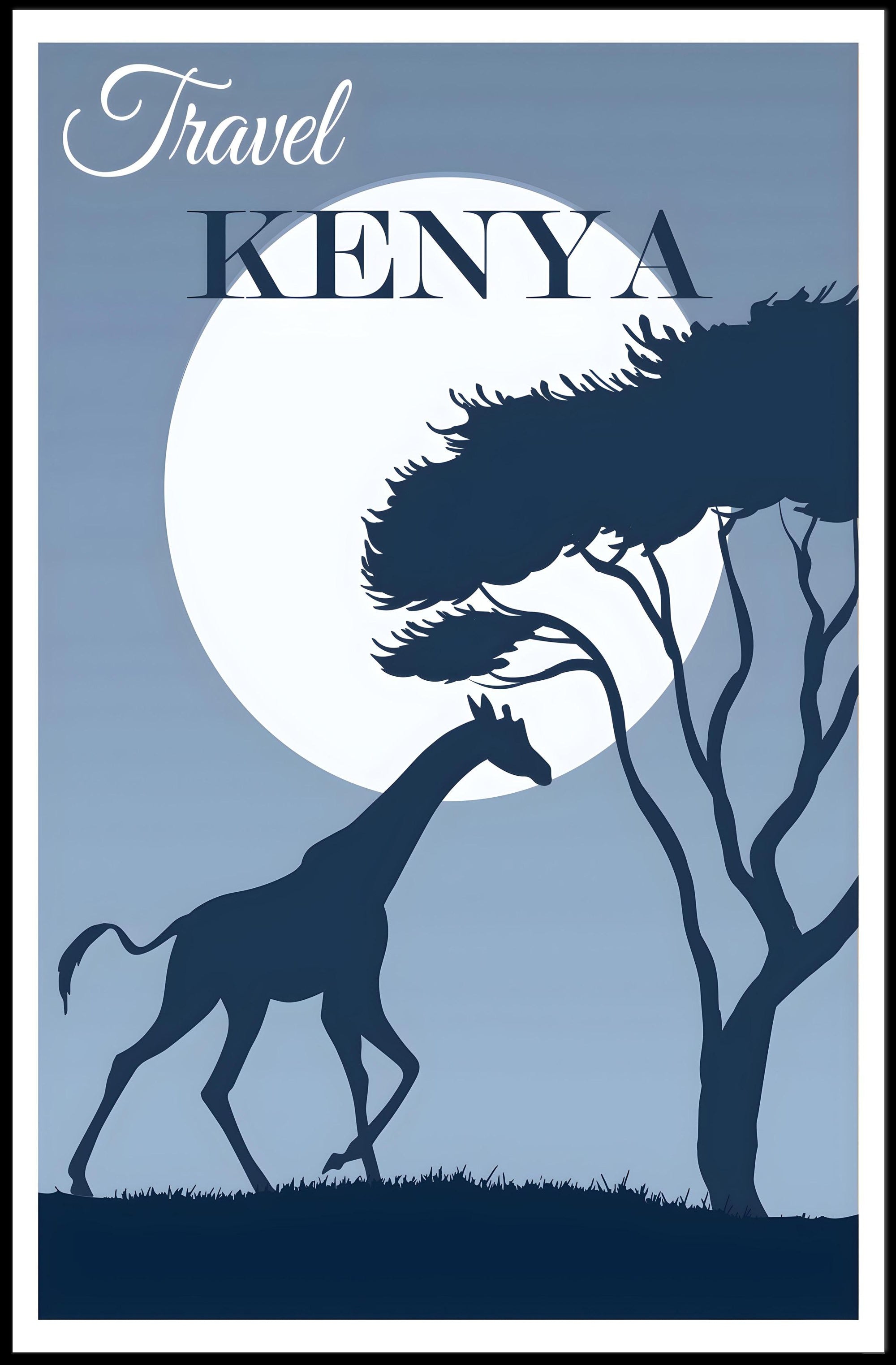 Kenya Sunset Silhouette: Giraffe at Moonrise Travel Poster