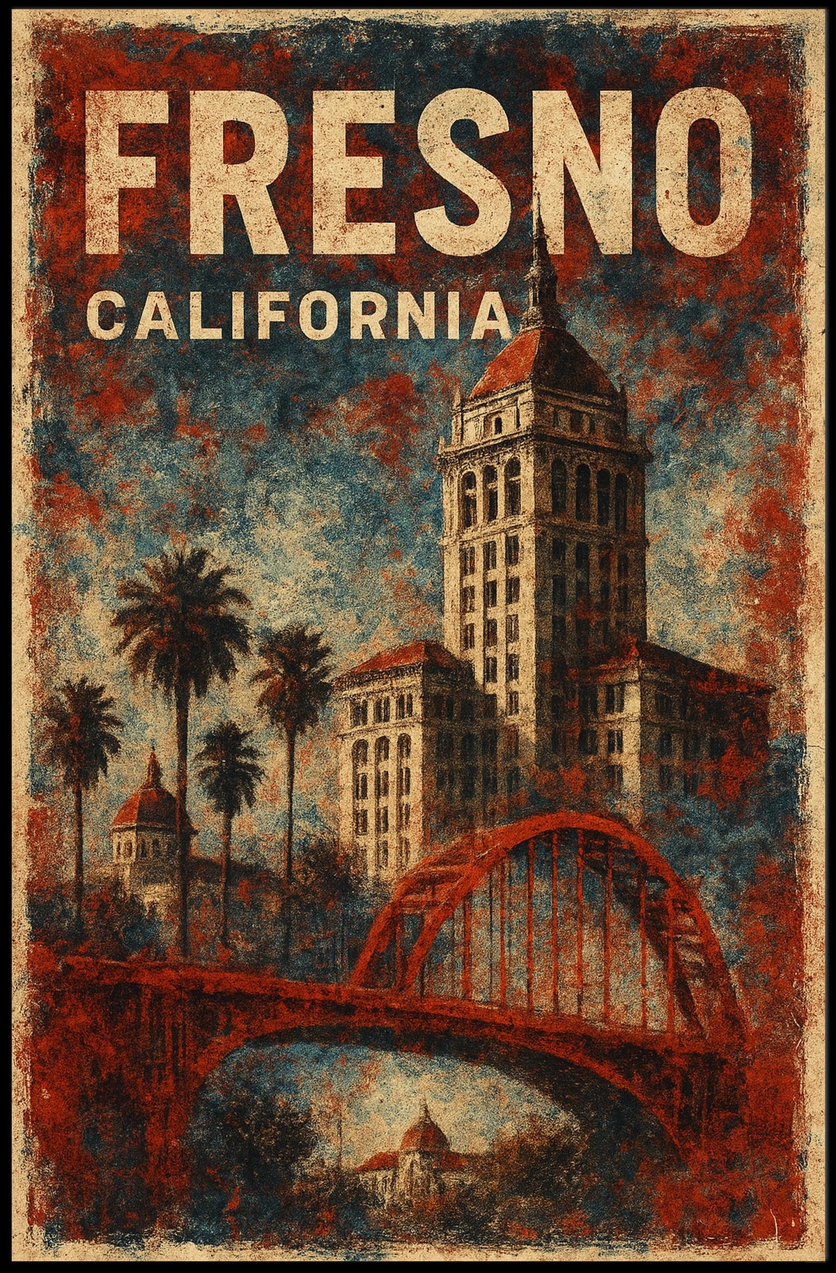 Fresno California Scenic Vintage Travel Souvenir Landscape Wall Art Decor Poster