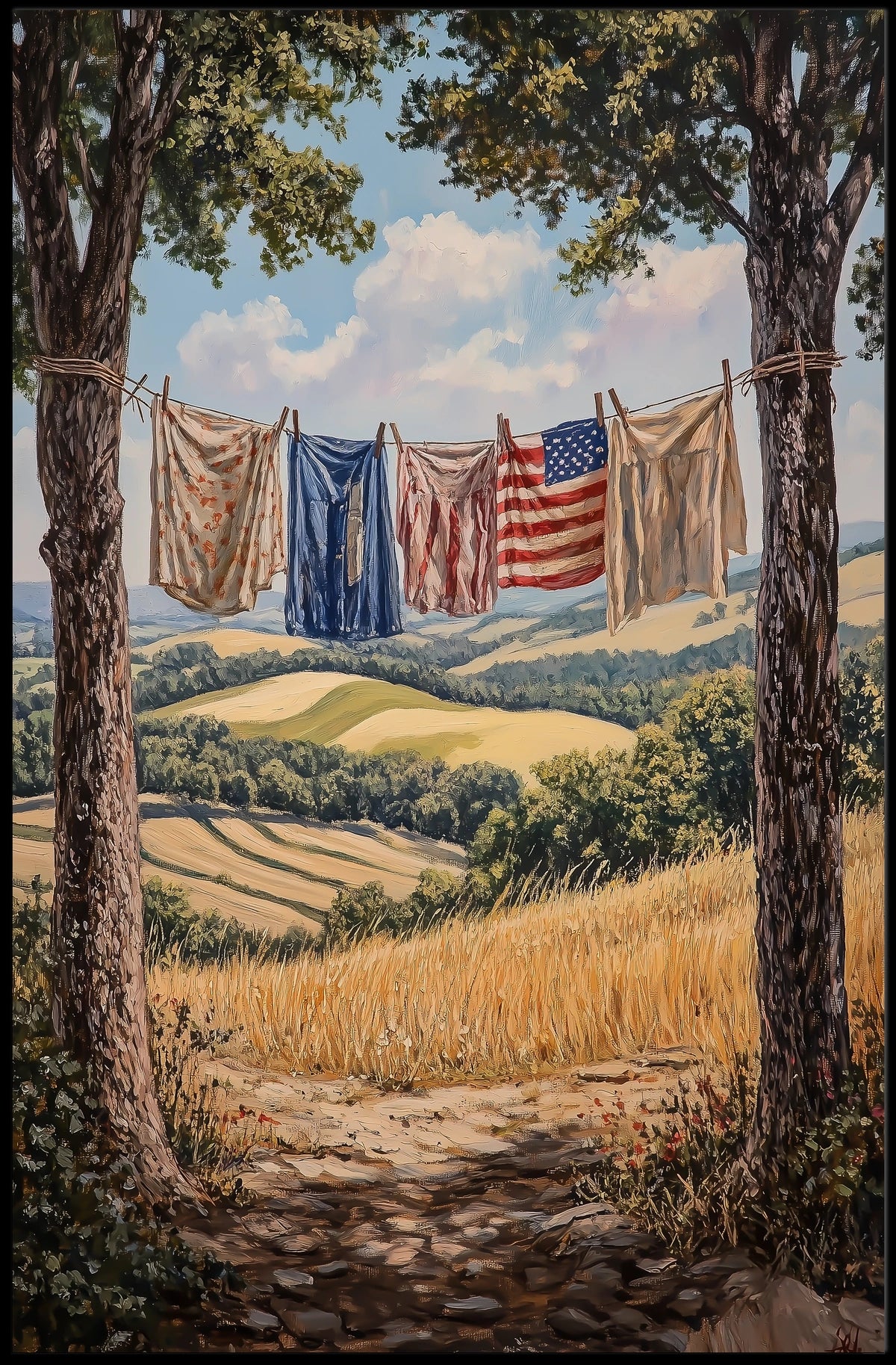 Clothesline Between Two Trees Overlooking Countryside Poster