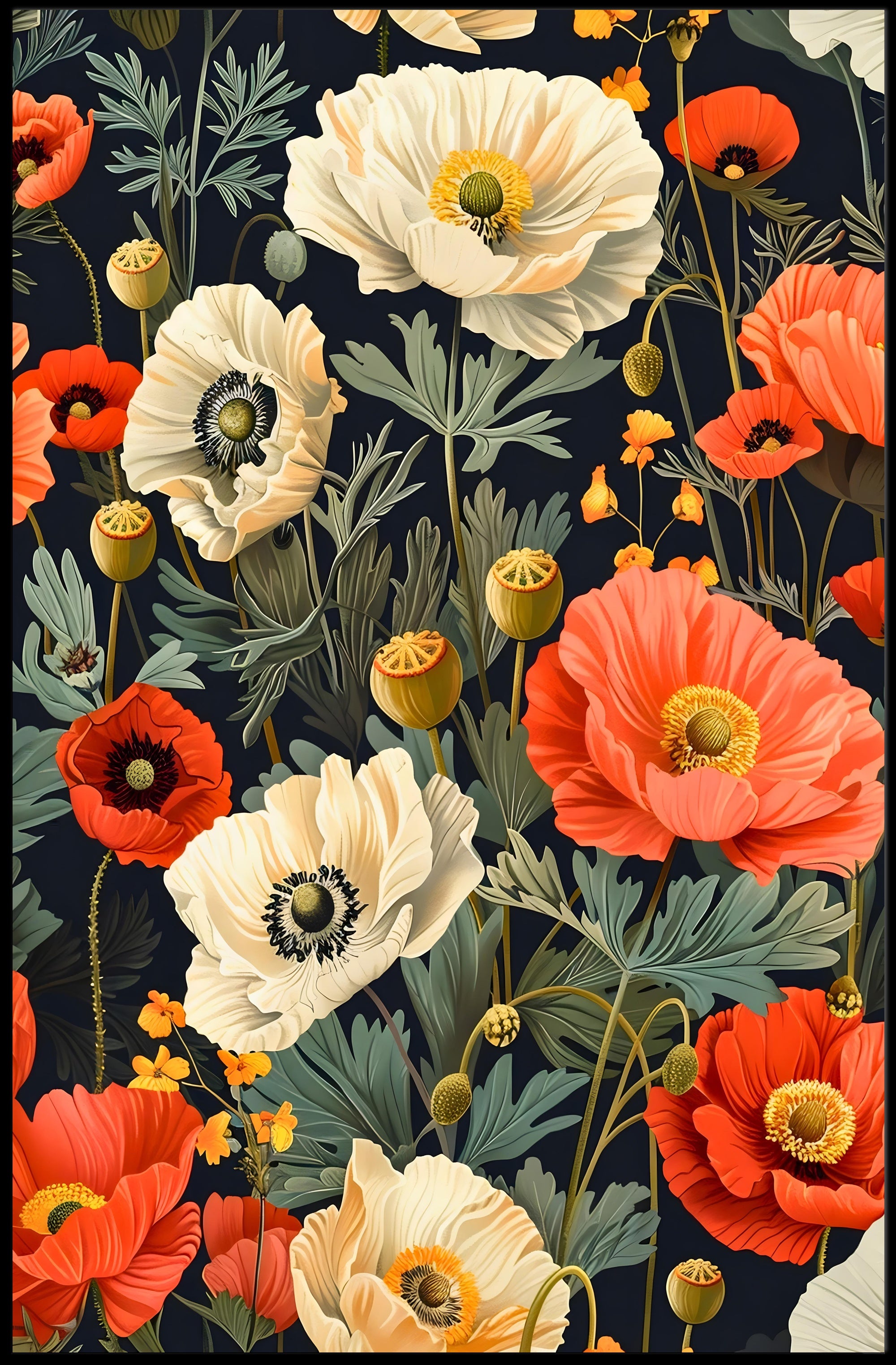 Lush Botanical Garden Scene with Poppies Artistic Poster