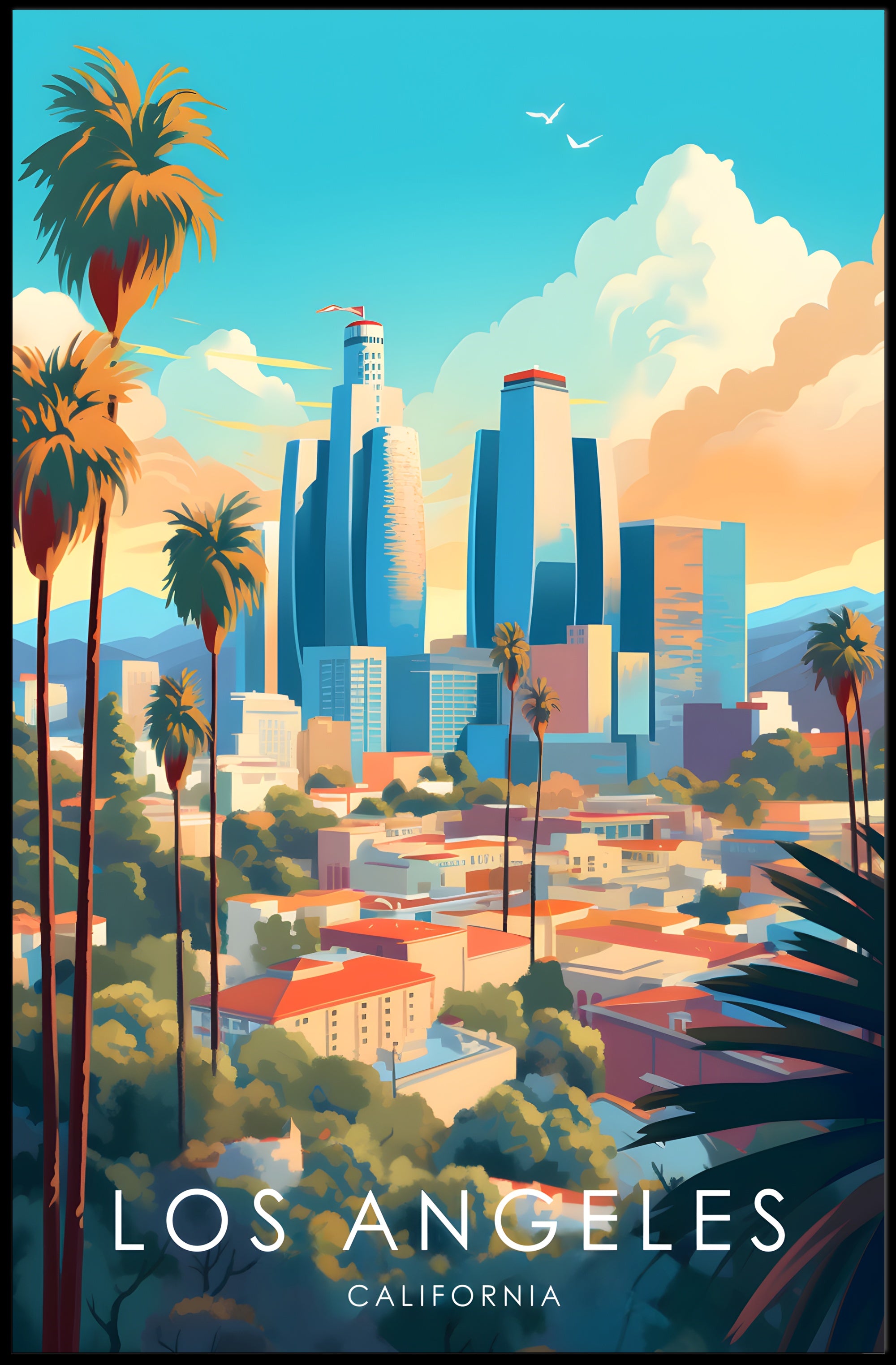 Vibrant Los Angeles Cityscape Illustration Travel Poster