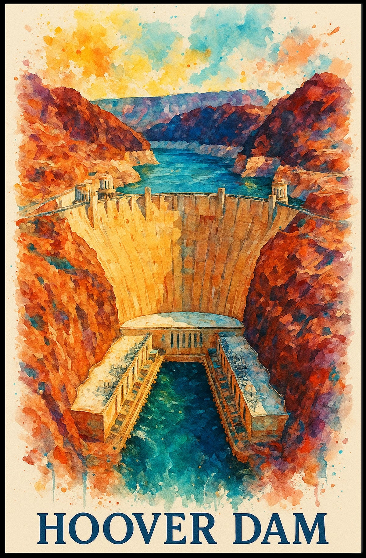 Hoover Dam Watercolor Art: Vibrant Vintage Charm Poster