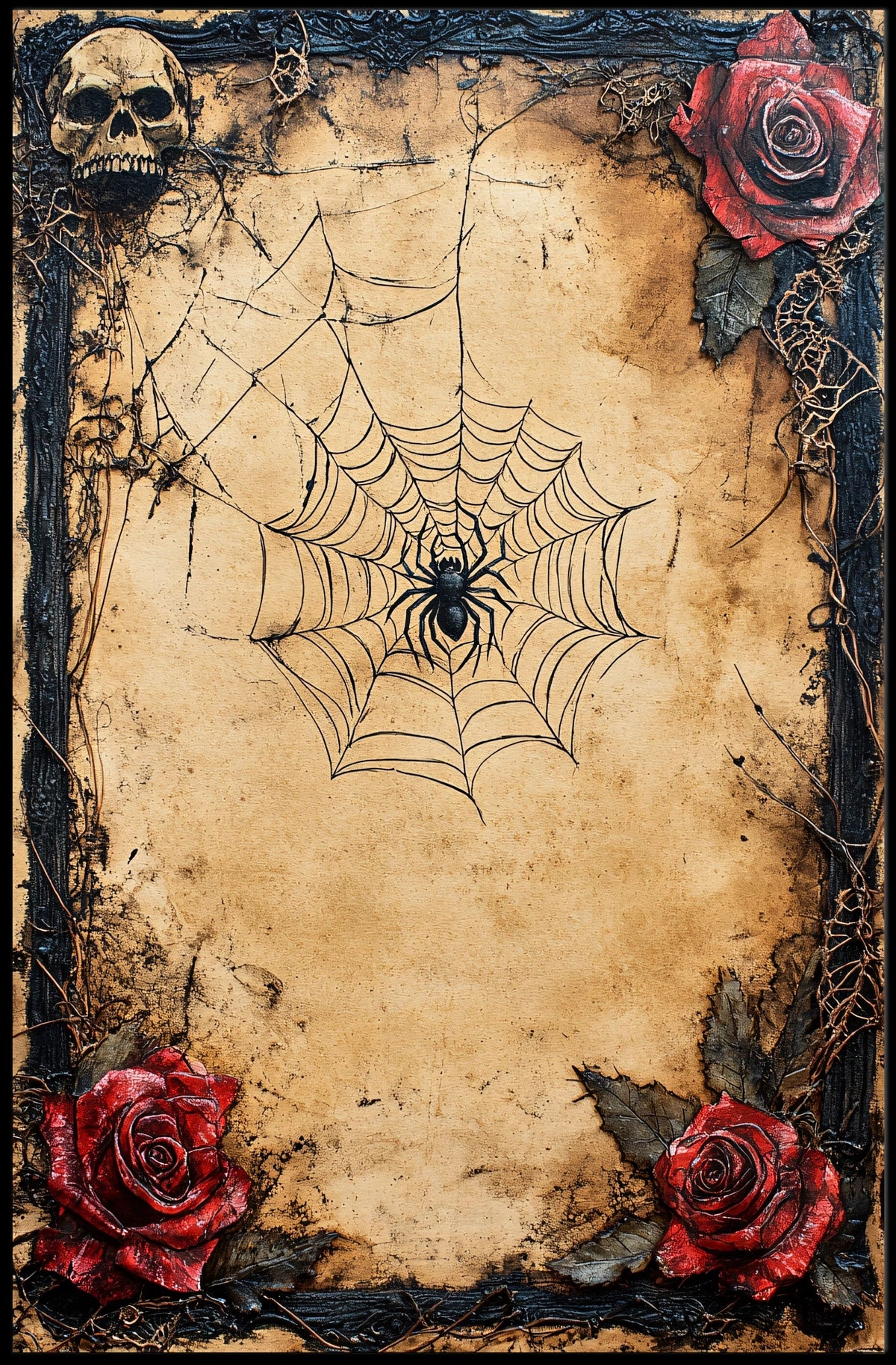 Vintage Gothic Skull with Roses Artistic Pop Culture Poster