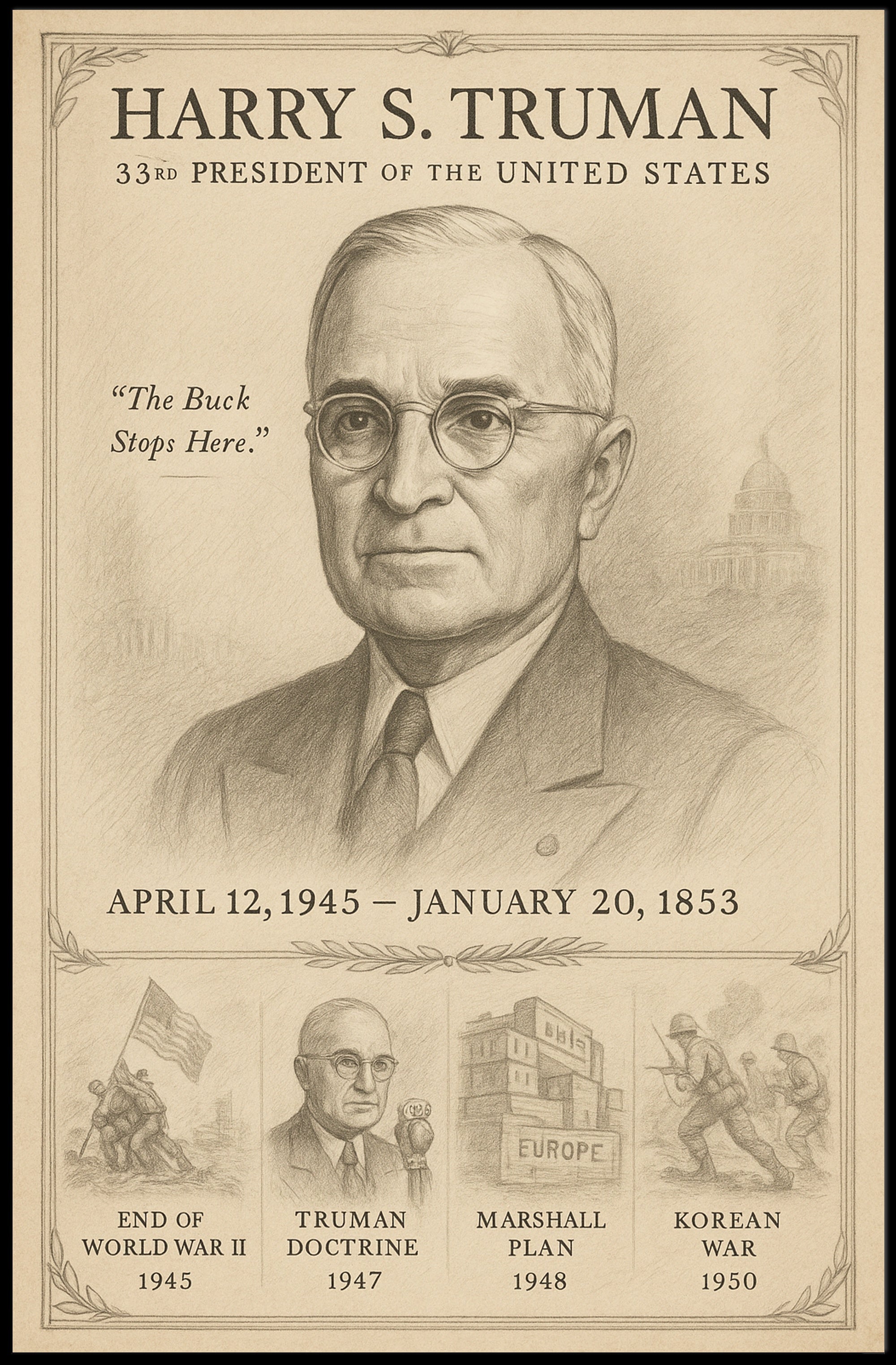Harry S Truman 33rd President Sketch Poster Wall Art Print PosterGoat