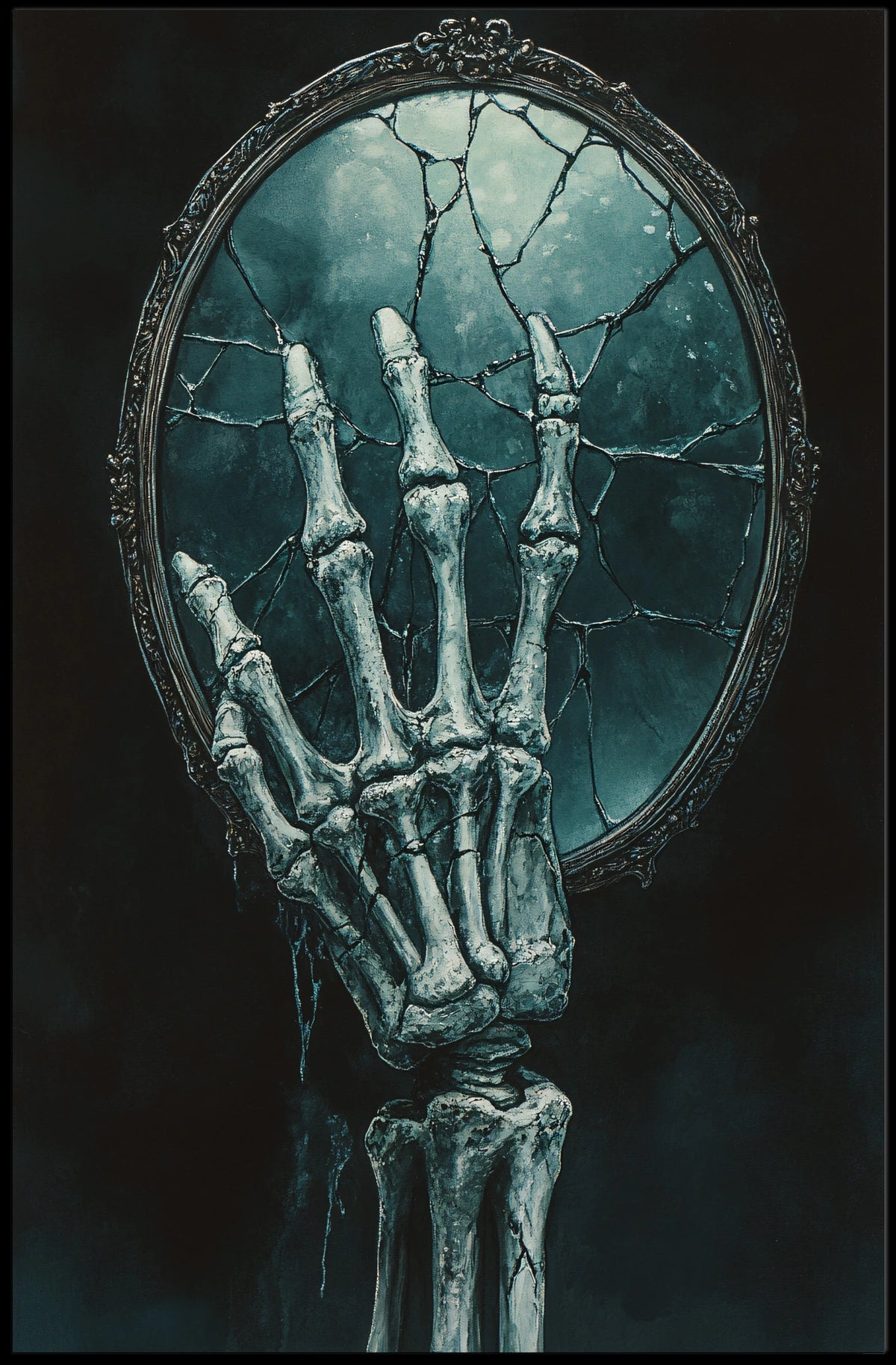 Skeletal Hand Mirror: Abstract, Artistic, or Pop Culture Poster