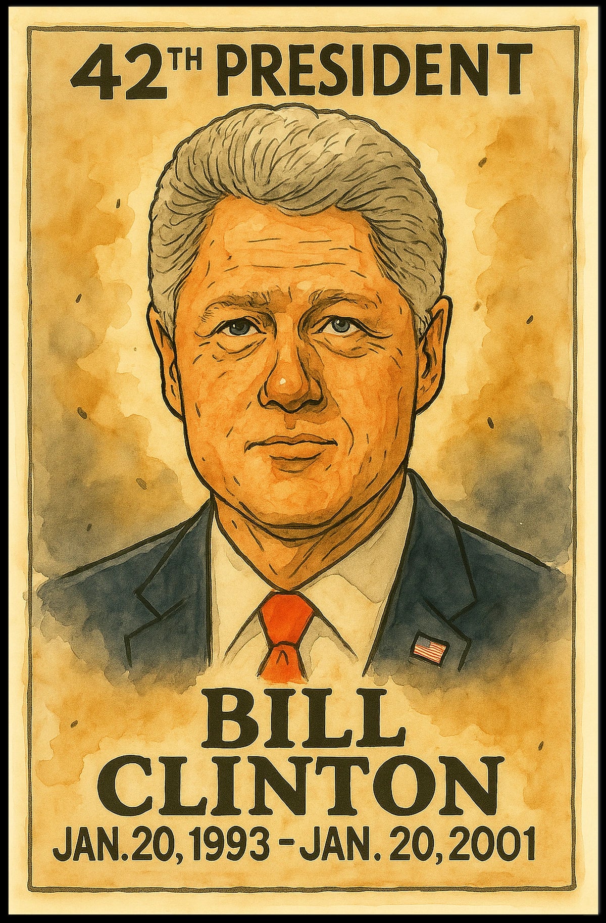 Bill Clinton 42nd President of the United States Exaggerated Cartoon Sketch Poster
