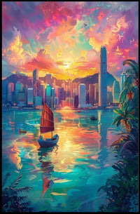 Hong Kong Harbor Sunset Impressionistic Art Poster