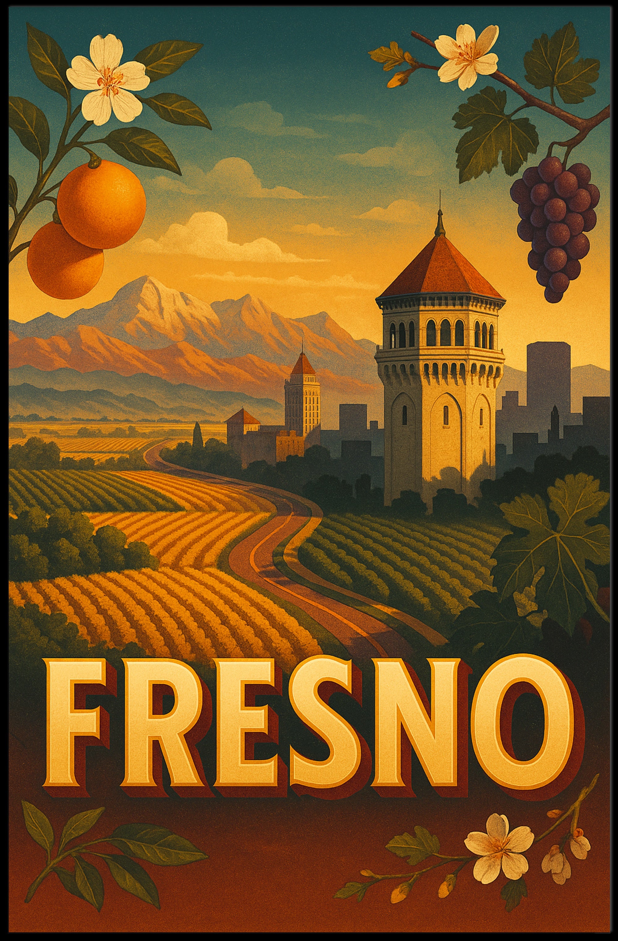 Vintage Fresno Travel Poster: Nostalgic California Vineyard Scenery