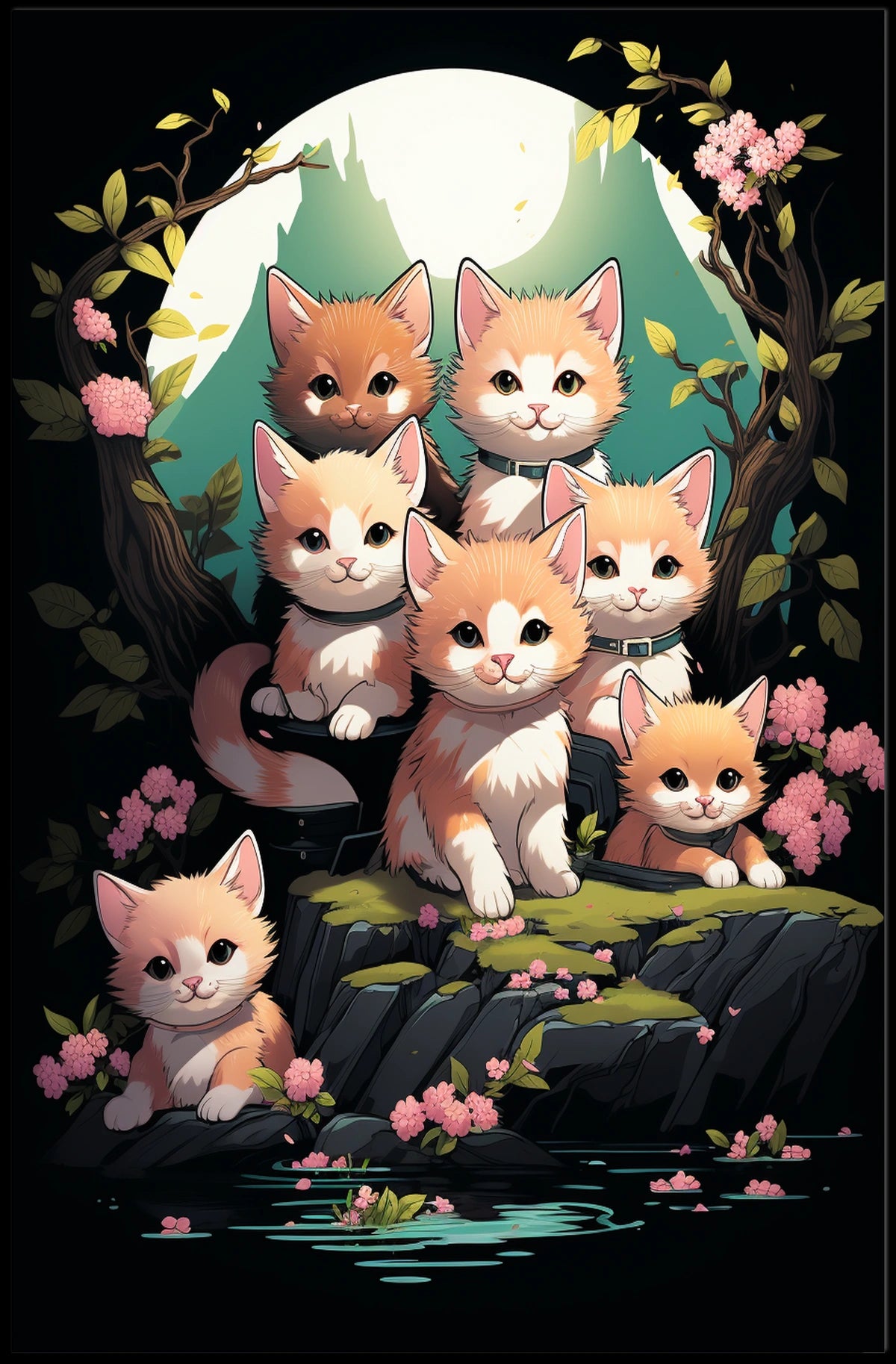 Whimsical Kittens Moonlit Fantasy Nature Art Poster