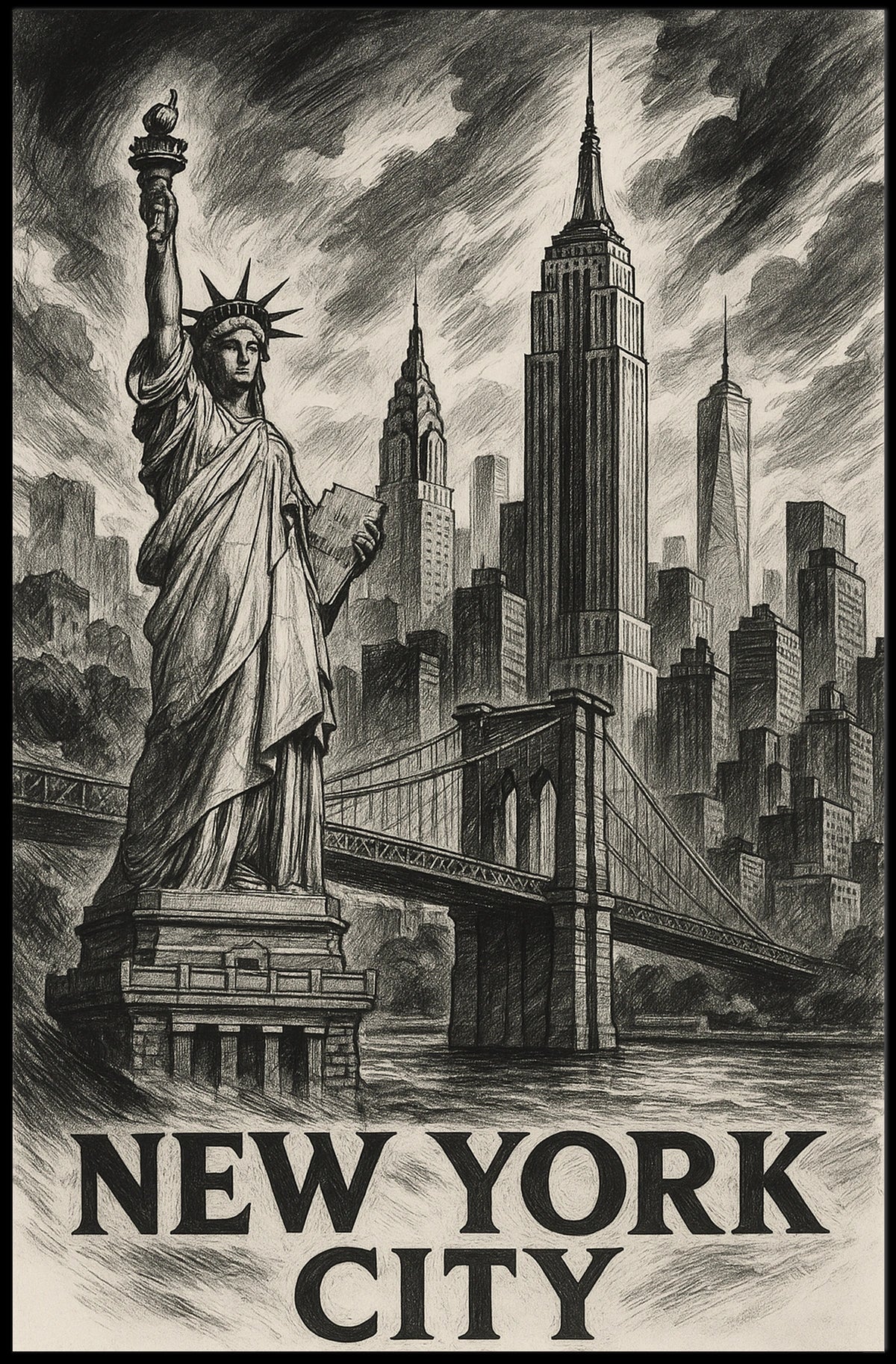 New York City Poster Vintage Sketch Landmarks Wall Art