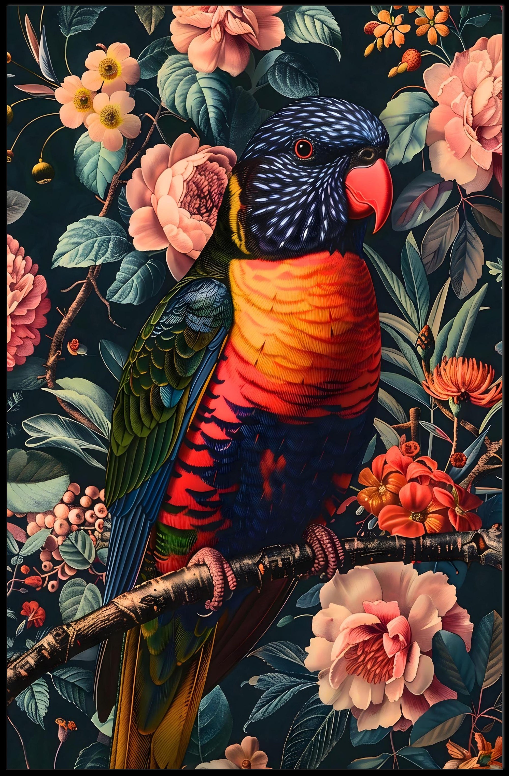 Vibrant Parrot Floral Paradise Poster Print