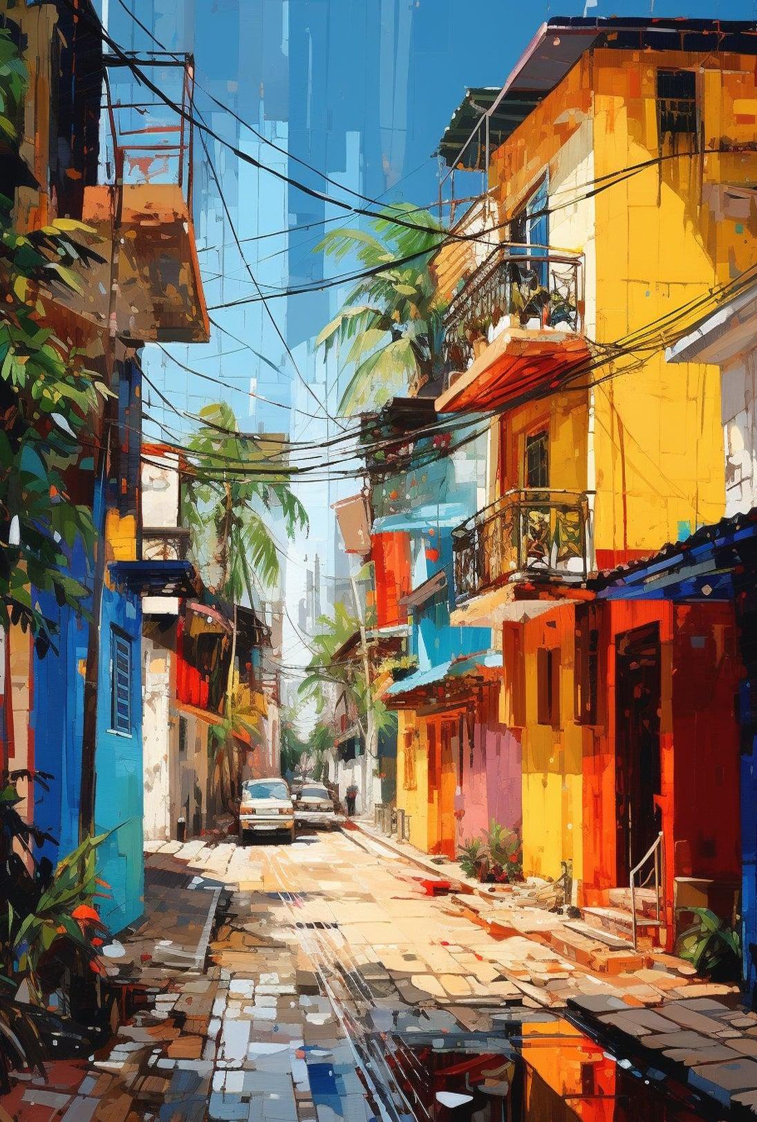 Vibrant Tropical Urban Street Scene Artistic Poster