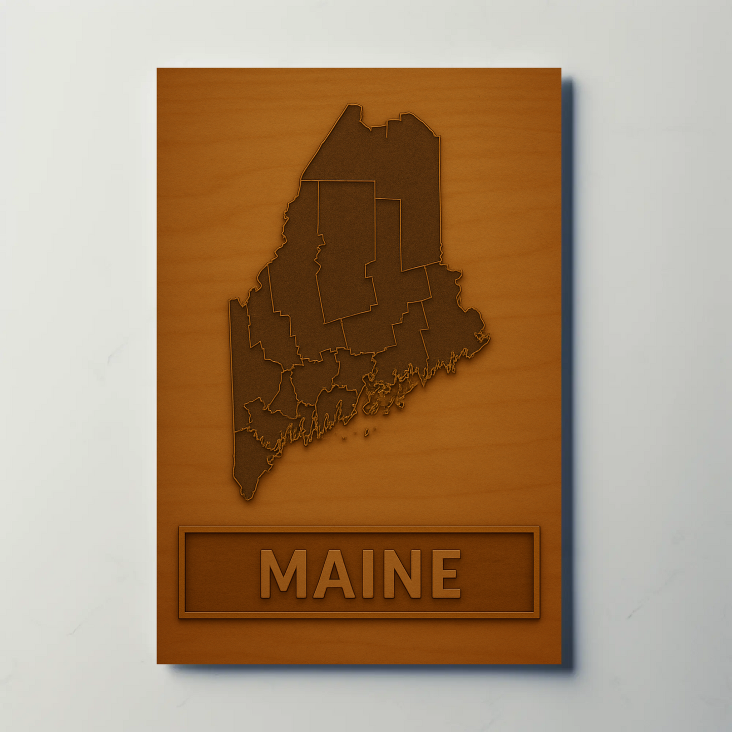 Maine Wooden Engraved State Outline Vintage Travel Poster